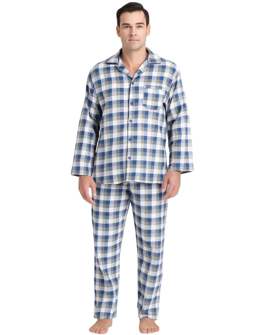 Mens Flannelette Pyjama Set Sleepwear Soft 100% Cotton PJs Two Piece - Light Blue Check-0