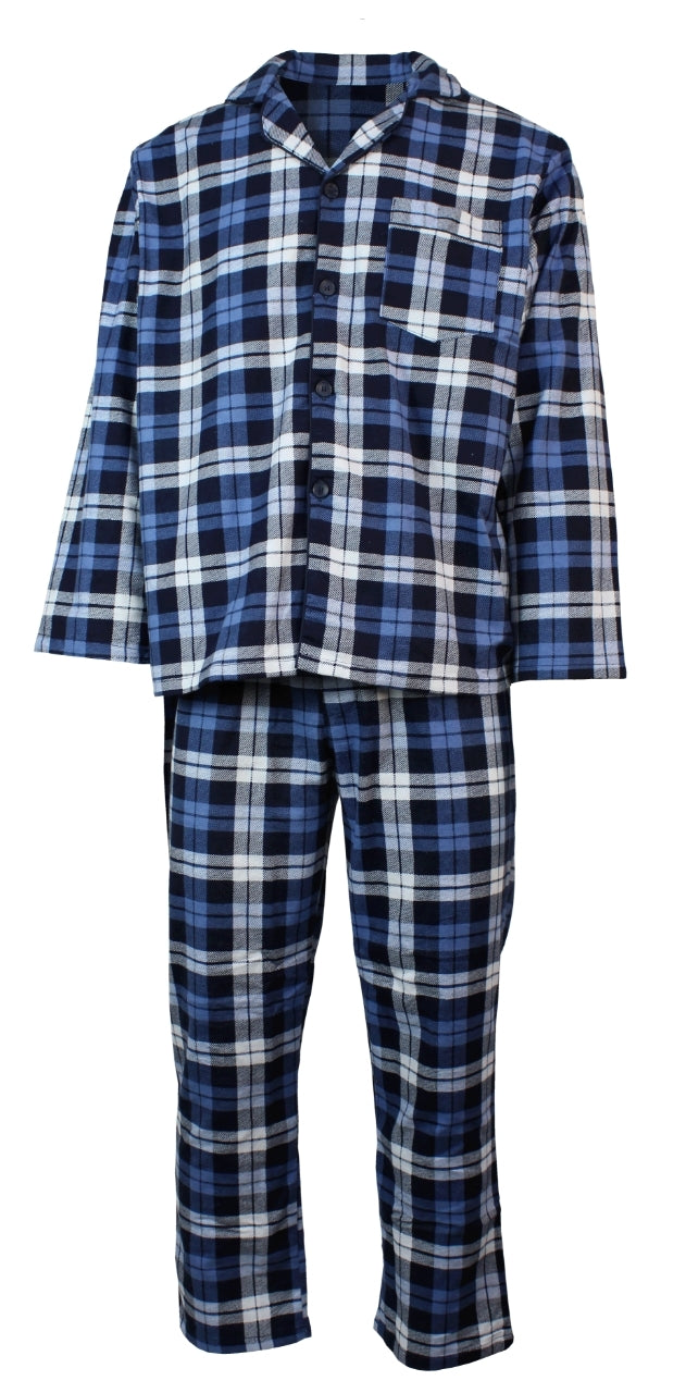 Mens Flannelette Pyjama Set Sleepwear Soft 100% Cotton PJs Two Piece - Blue/Multi Check-1