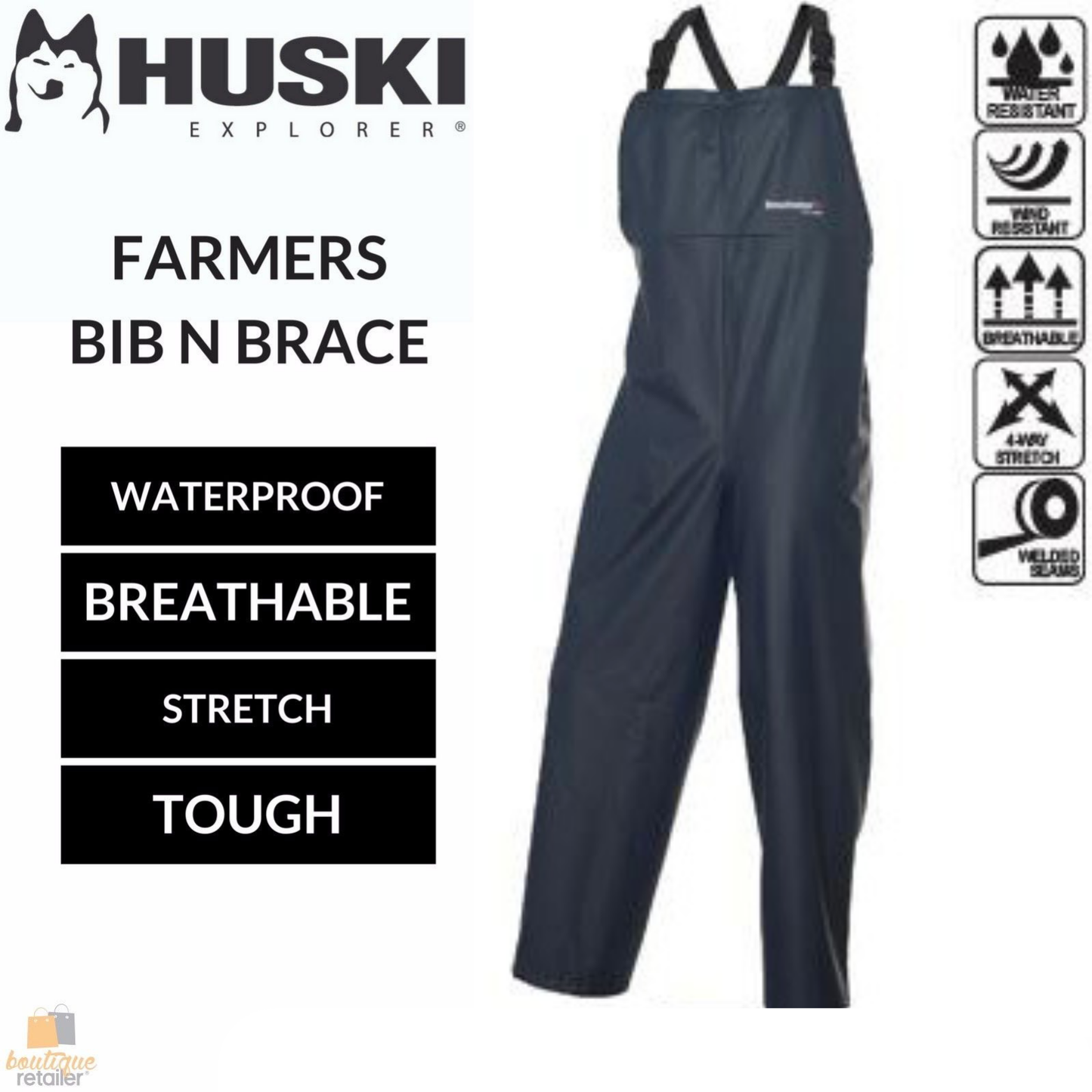 HUSKI OVERALLS Farmers Bib N Brace Waterproof Stretch Windproof Work - Navy-1