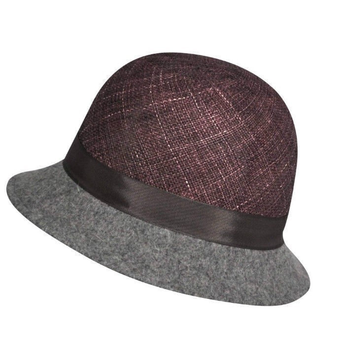 KANGOL Womens Dapper Felt & Straw Cloche Hat Wool K0817LX - Eggplant/Slate - S-1