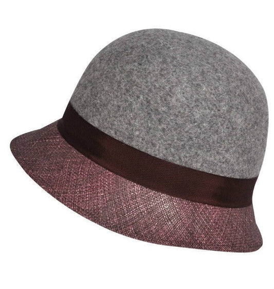 KANGOL Womens Dapper Felt & Straw Cloche Hat Wool K0817LX - Slate/Eggplant - S-0