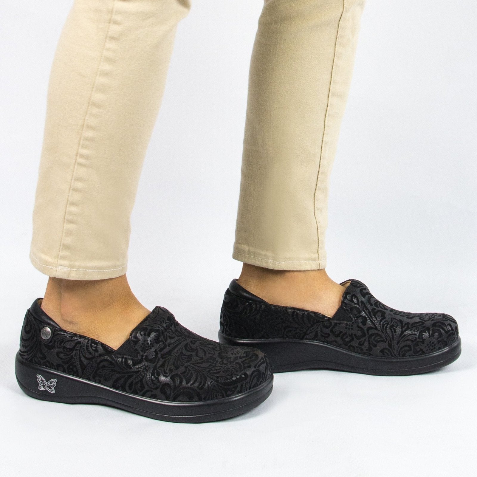 ALEGRIA Keli Nursing Shoes Slip On Womens Work Working Hospitality - Black Embossed Paisley-3