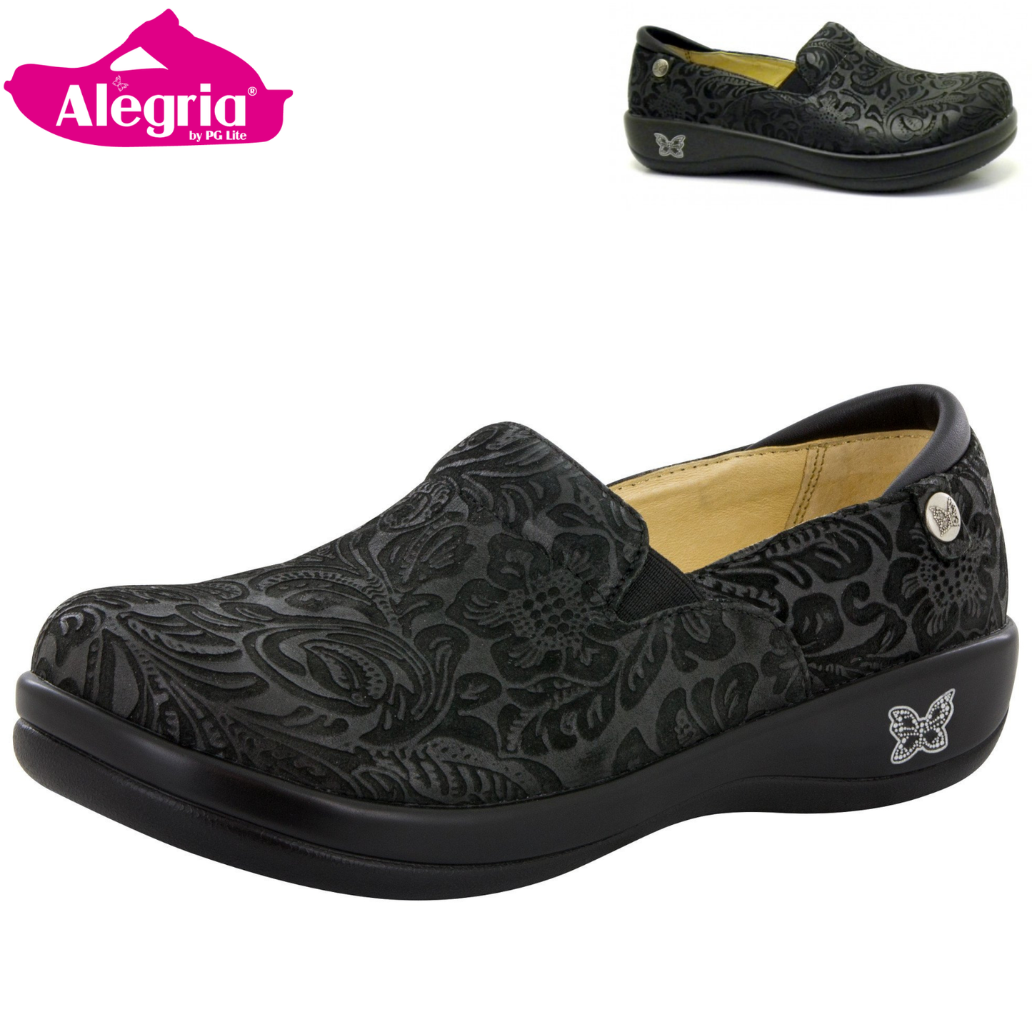 ALEGRIA Keli Nursing Shoes Slip On Womens Work Working Hospitality - Black Embossed Paisley-1