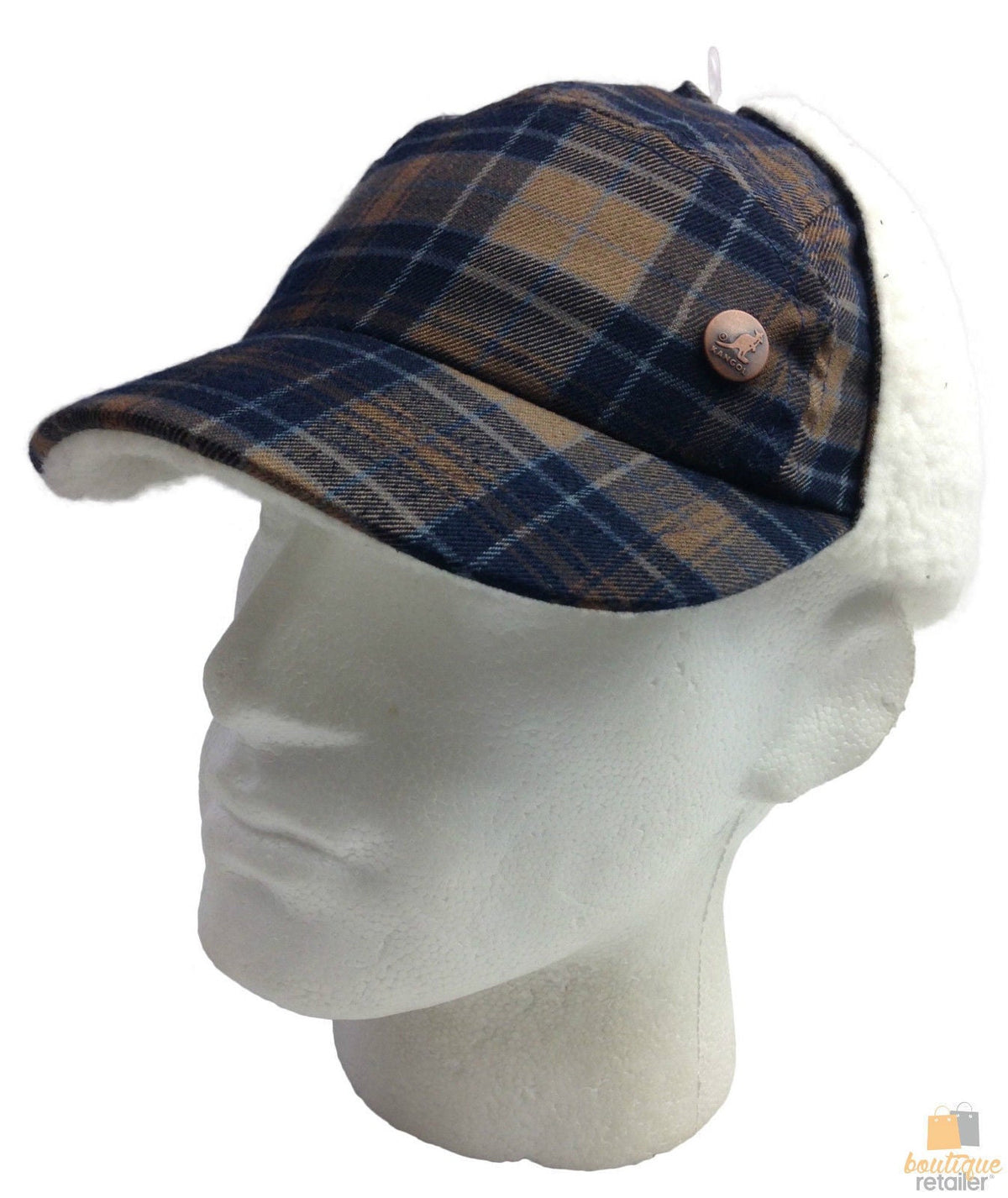 Plaid Supre Trapper Ushanka Hat Sherpa Lined Winter Ear Flap Cap - Navy/Khaki