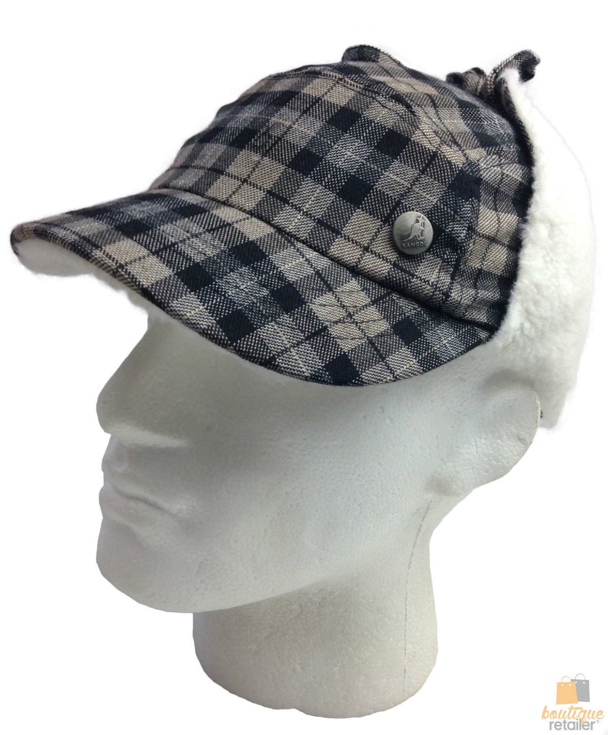 Plaid Supre Trapper Ushanka Hat Sherpa Lined Winter Ear Flap Cap - Black/Grey