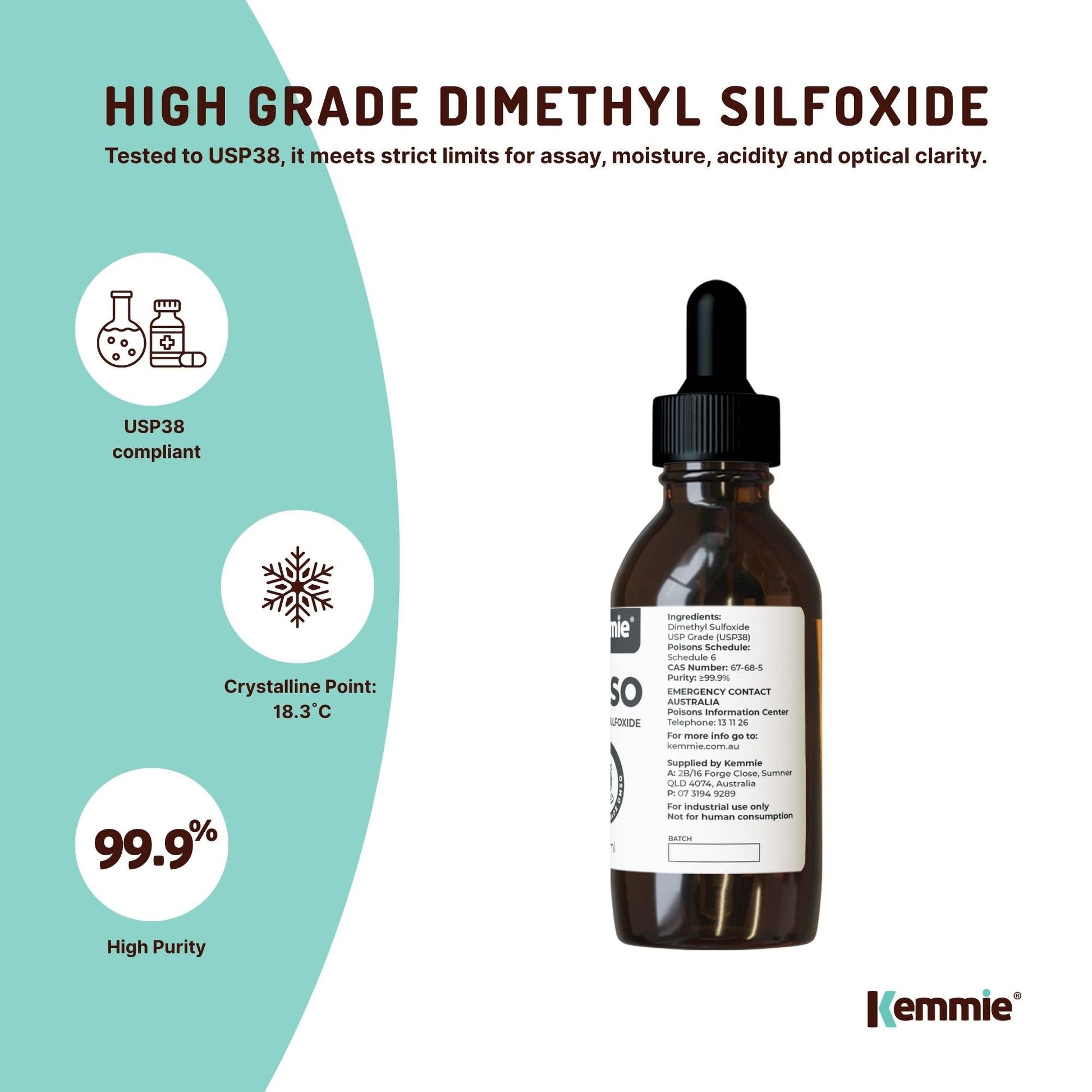 Kemmie 100ml DMSO Liquid 99.9% - Pure USP Grade Dimethyl Sulfoxide Dropper-2