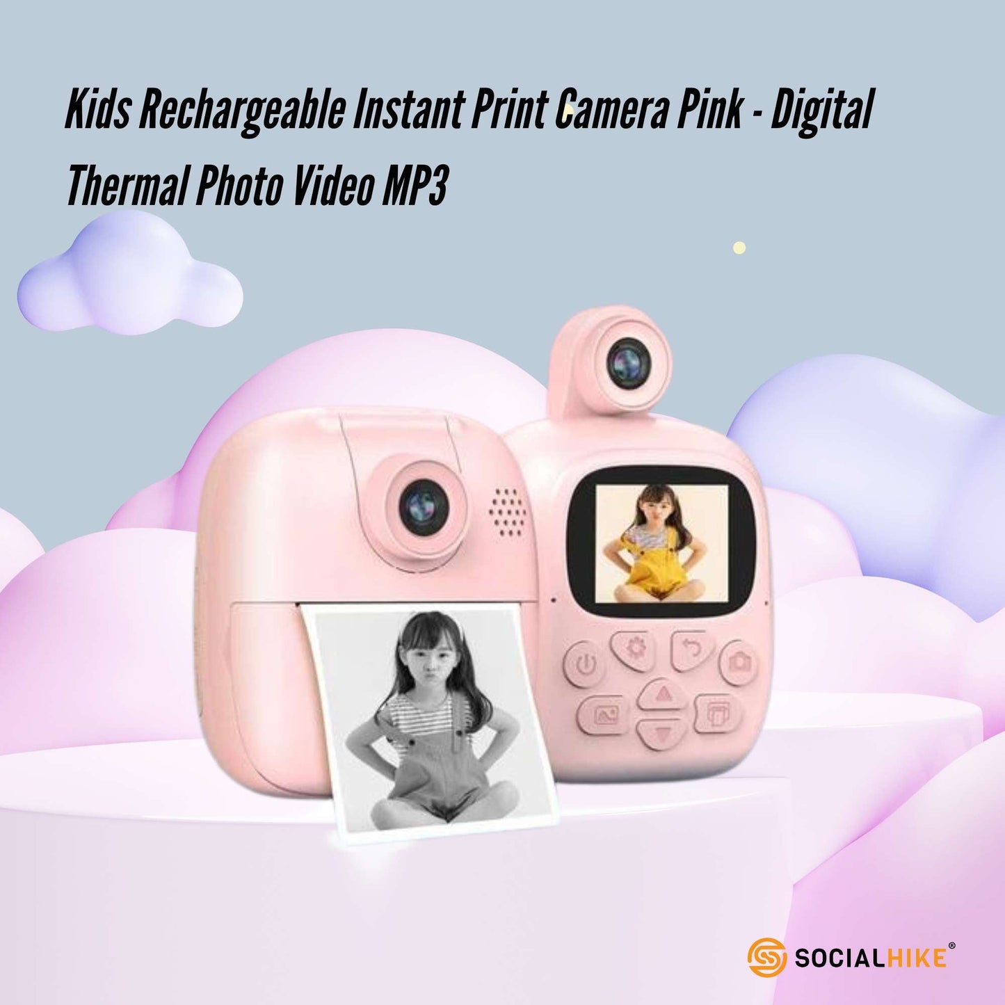 Kids Rechargeable Instant Print Camera Pink - Digital Thermal Photo Video MP3-1
