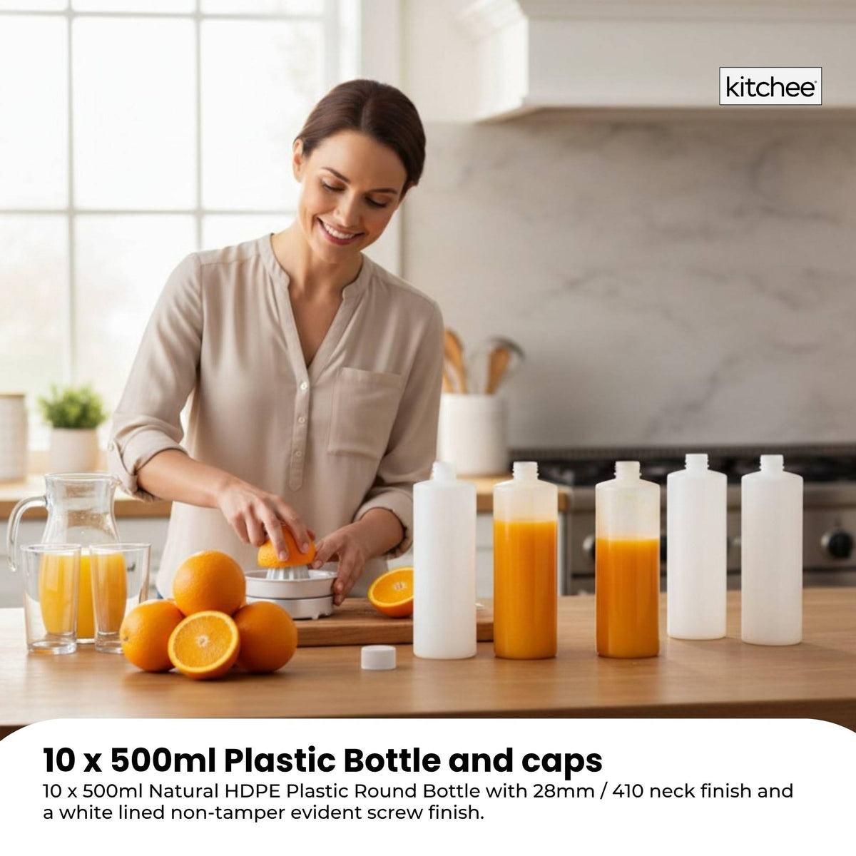 Kitchee 10x 500ml Natural HDPE Round Bottle + 28/410 Caps - Empty Plastic Food Storage-1