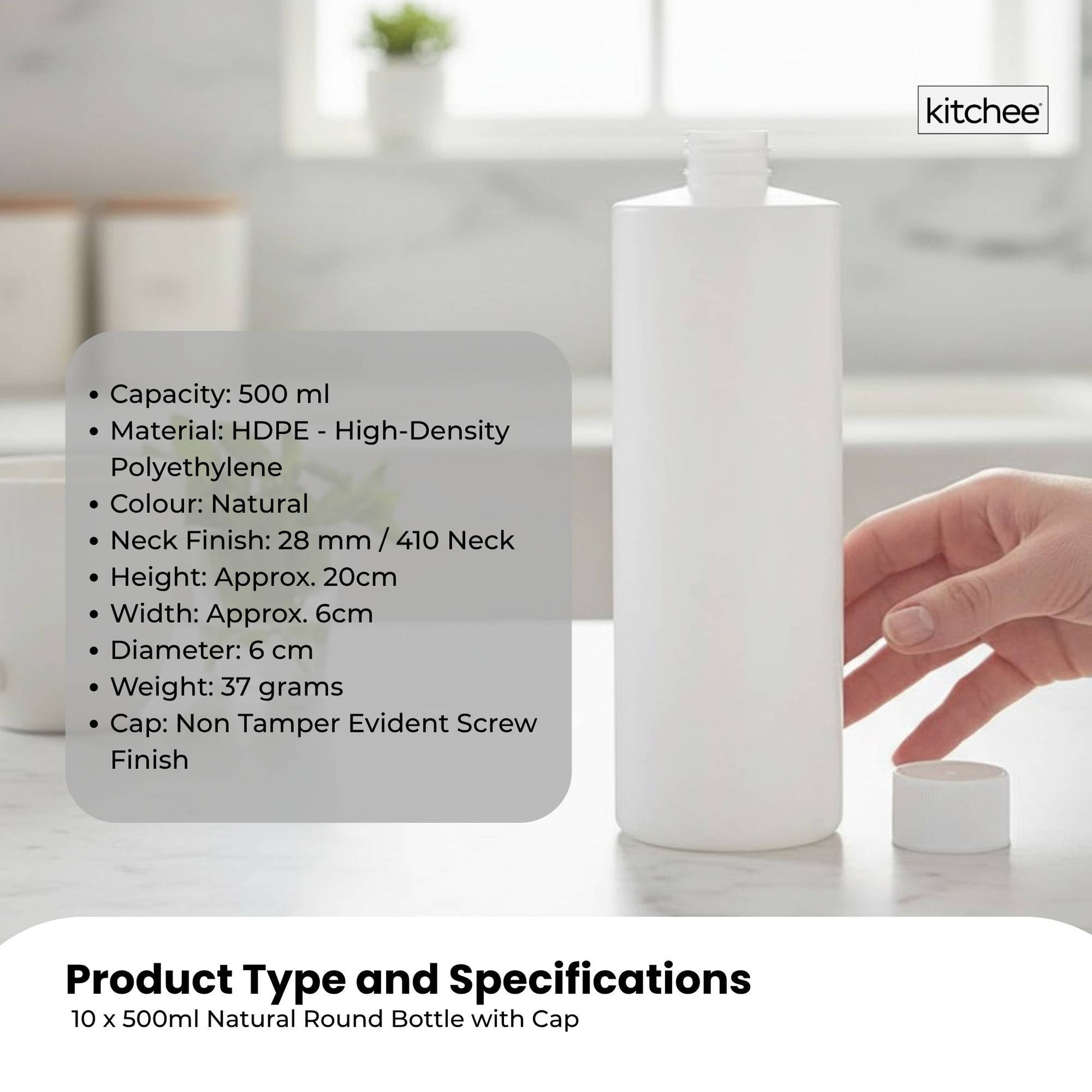 Kitchee 10x 500ml Natural HDPE Round Bottle + 28/410 Caps - Empty Plastic Food Storage-2