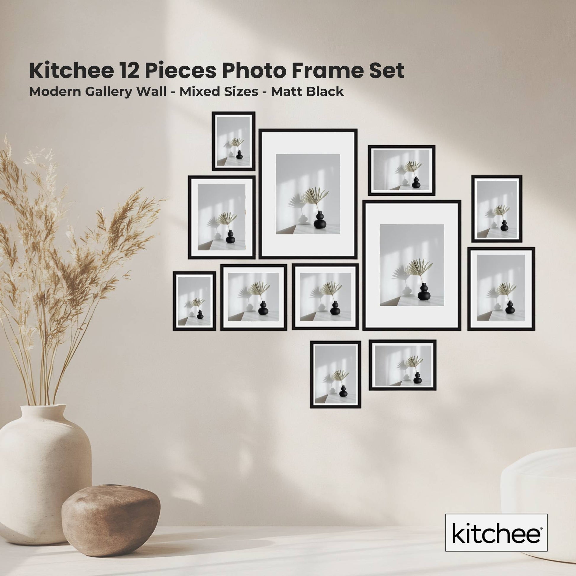 Kitchee 12 Pieces Photo Frame Set - Modern Gallery Wall Mixed Sizes Matt Black-1
