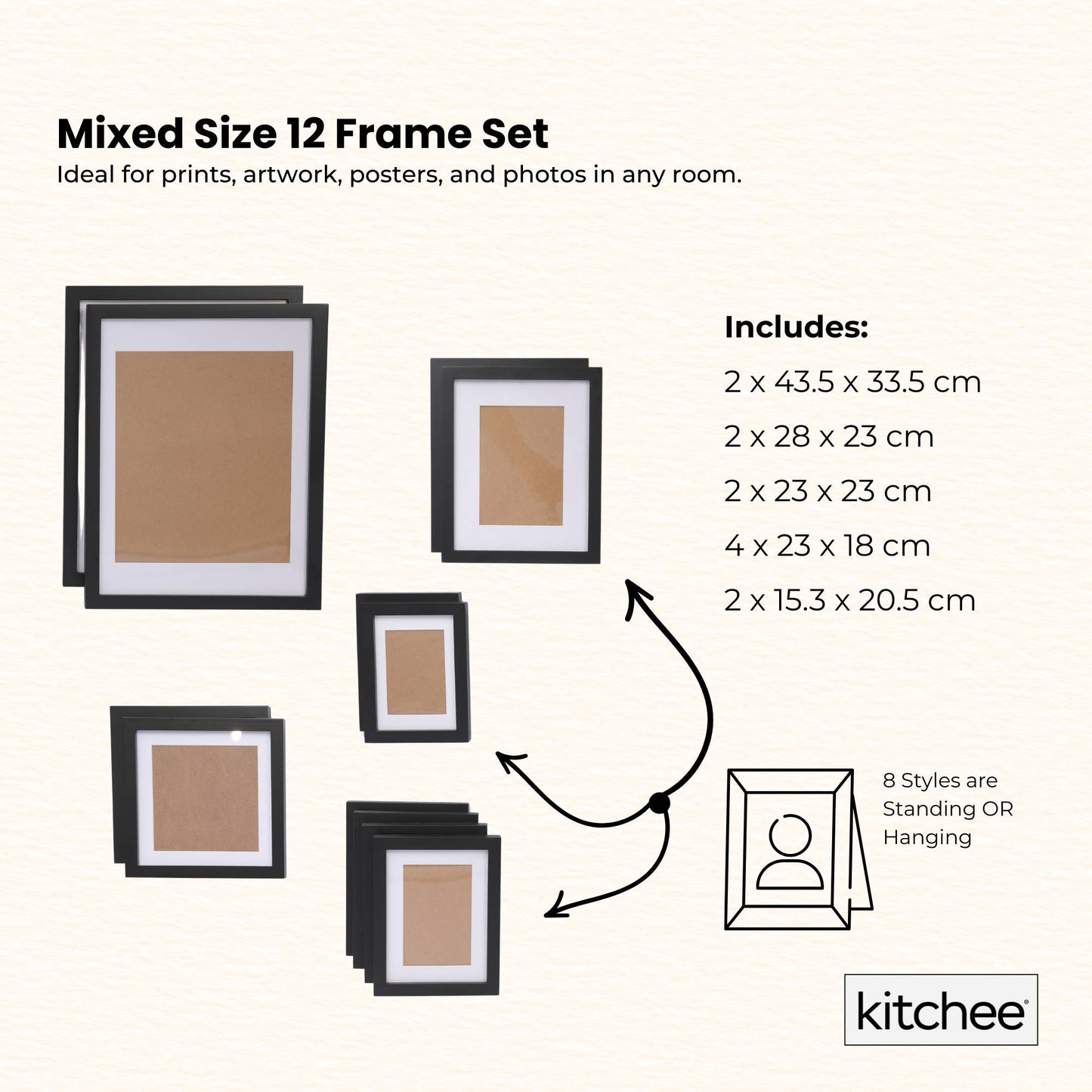 Kitchee 12 Pieces Photo Frame Set - Modern Gallery Wall Mixed Sizes Matt Black-2