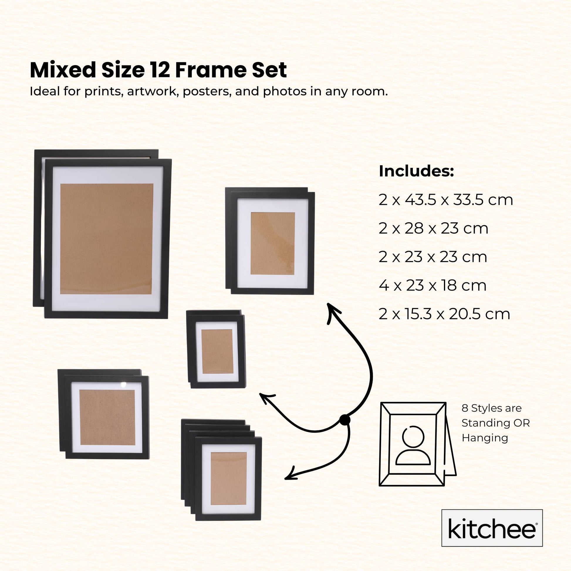 Kitchee 12 Pieces Photo Frame Set - Modern Gallery Wall Mixed Sizes Matt Black-2