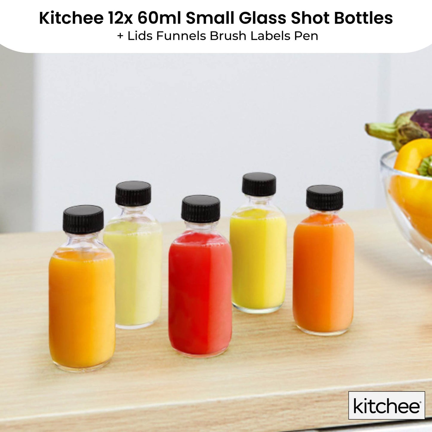 Kitchee 12x 60ml Small Glass Bottles + Lids Funnels Brush Labels Pen-1