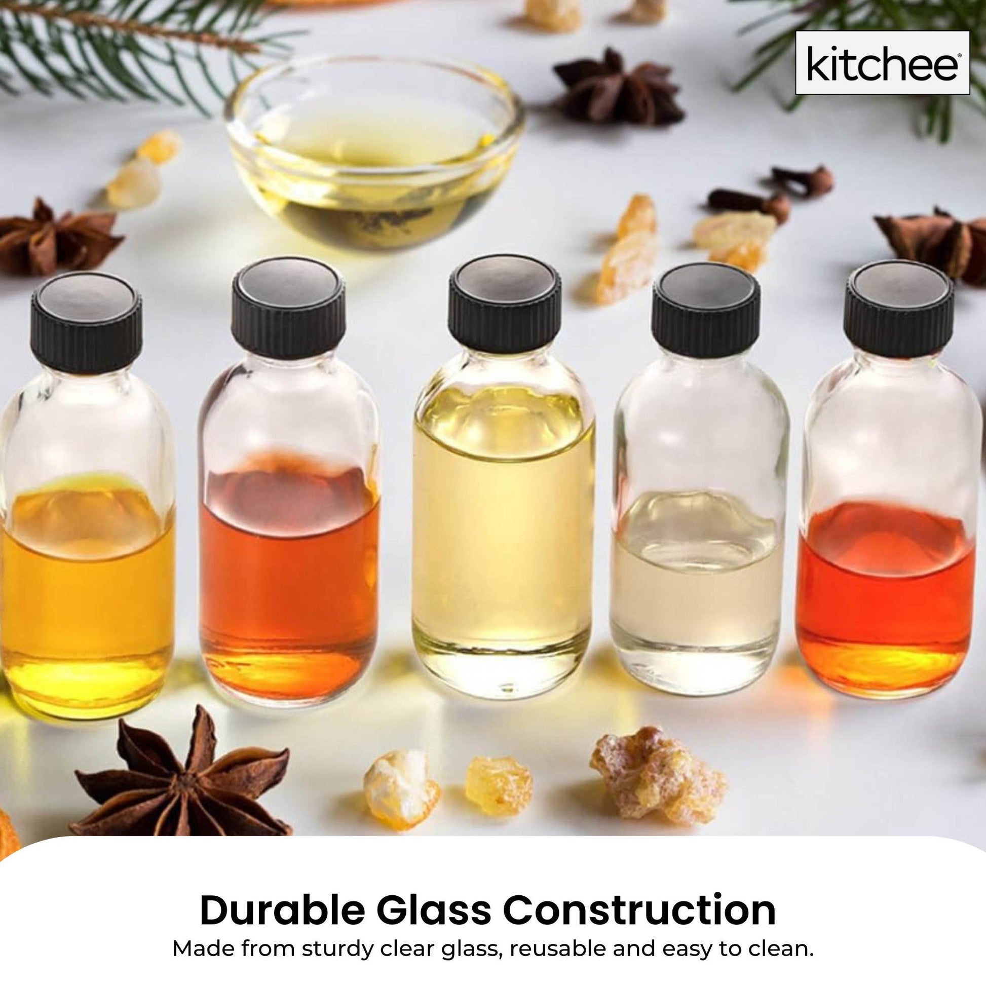 Kitchee 12x 60ml Small Glass Bottles + Lids Funnels Brush Labels Pen-2