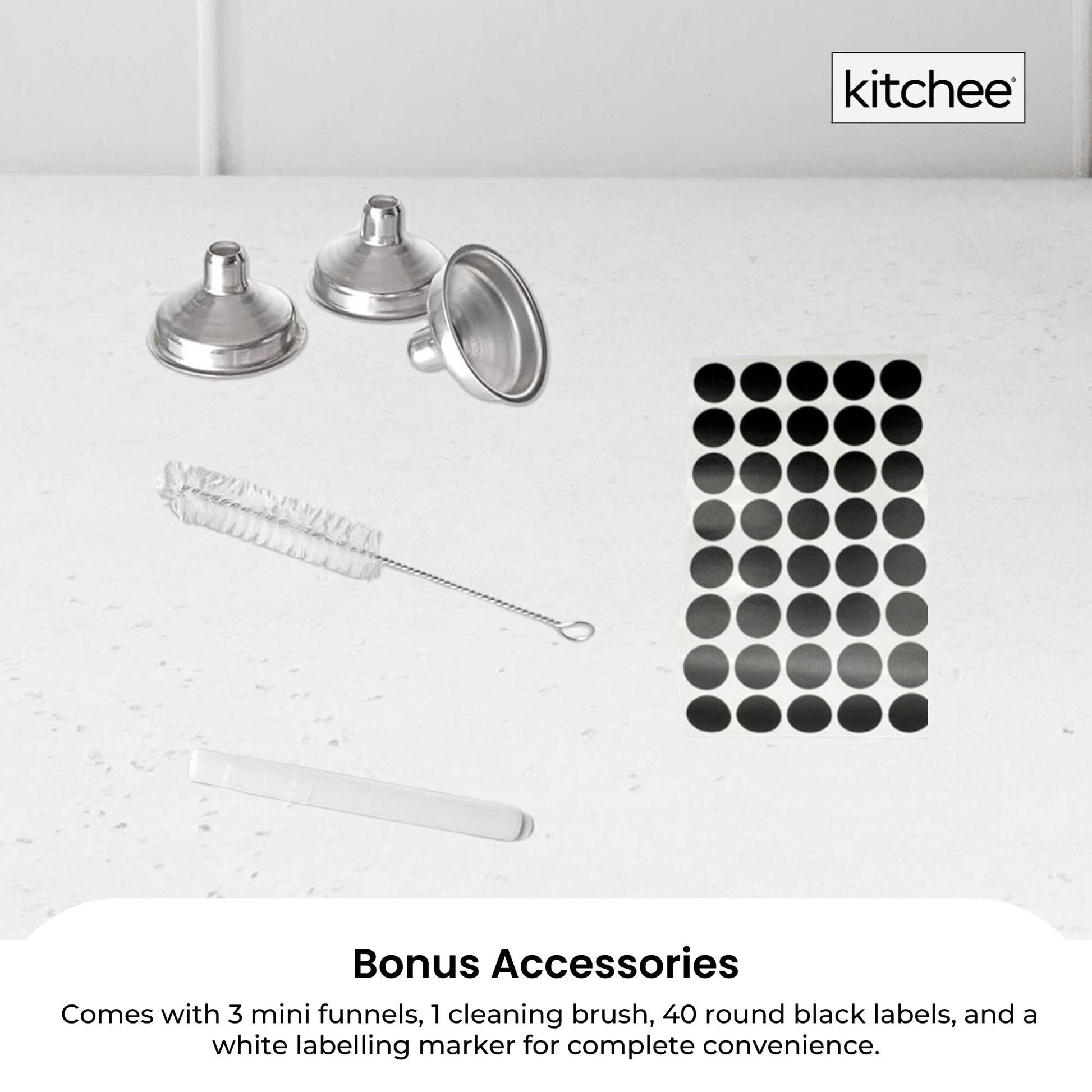 Kitchee 12x 60ml Small Glass Bottles + Lids Funnels Brush Labels Pen-4