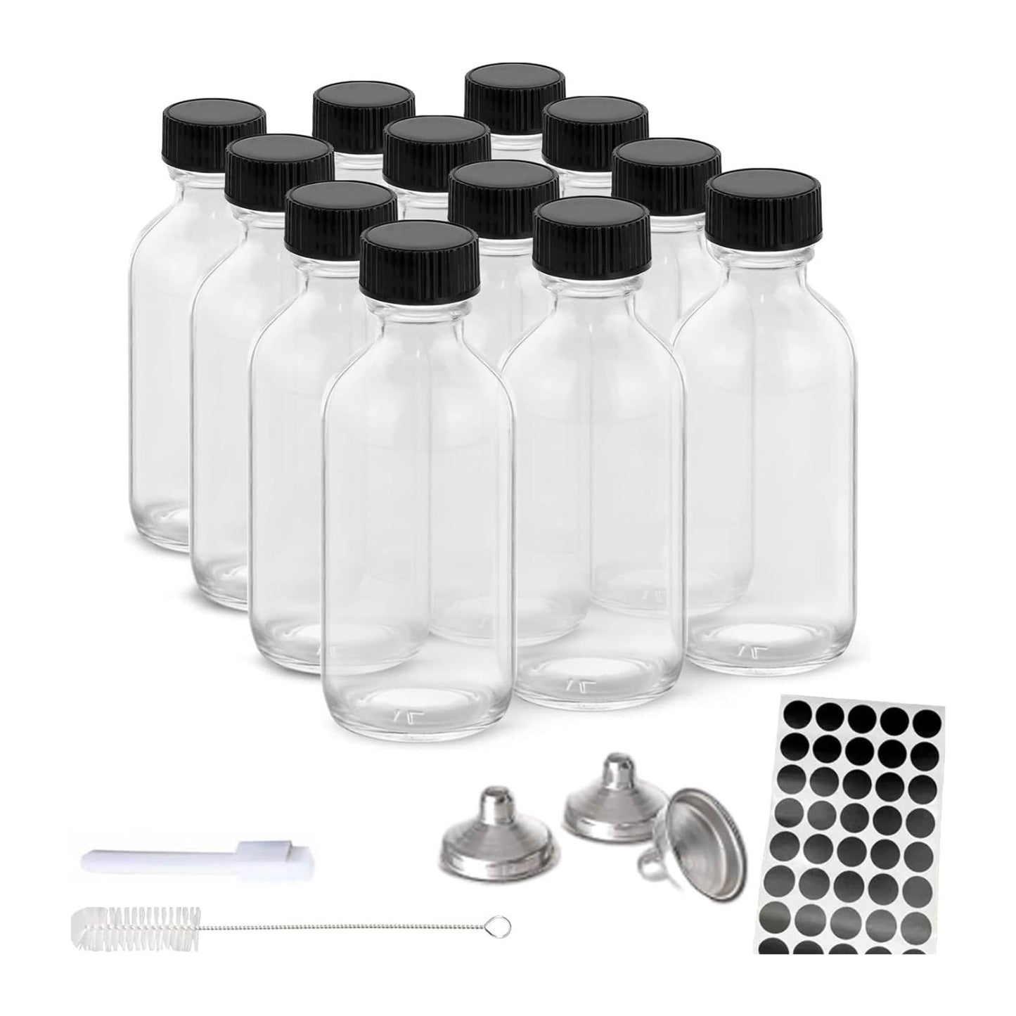 Kitchee 12x 60ml Small Glass Bottles + Lids Funnels Brush Labels Pen-0