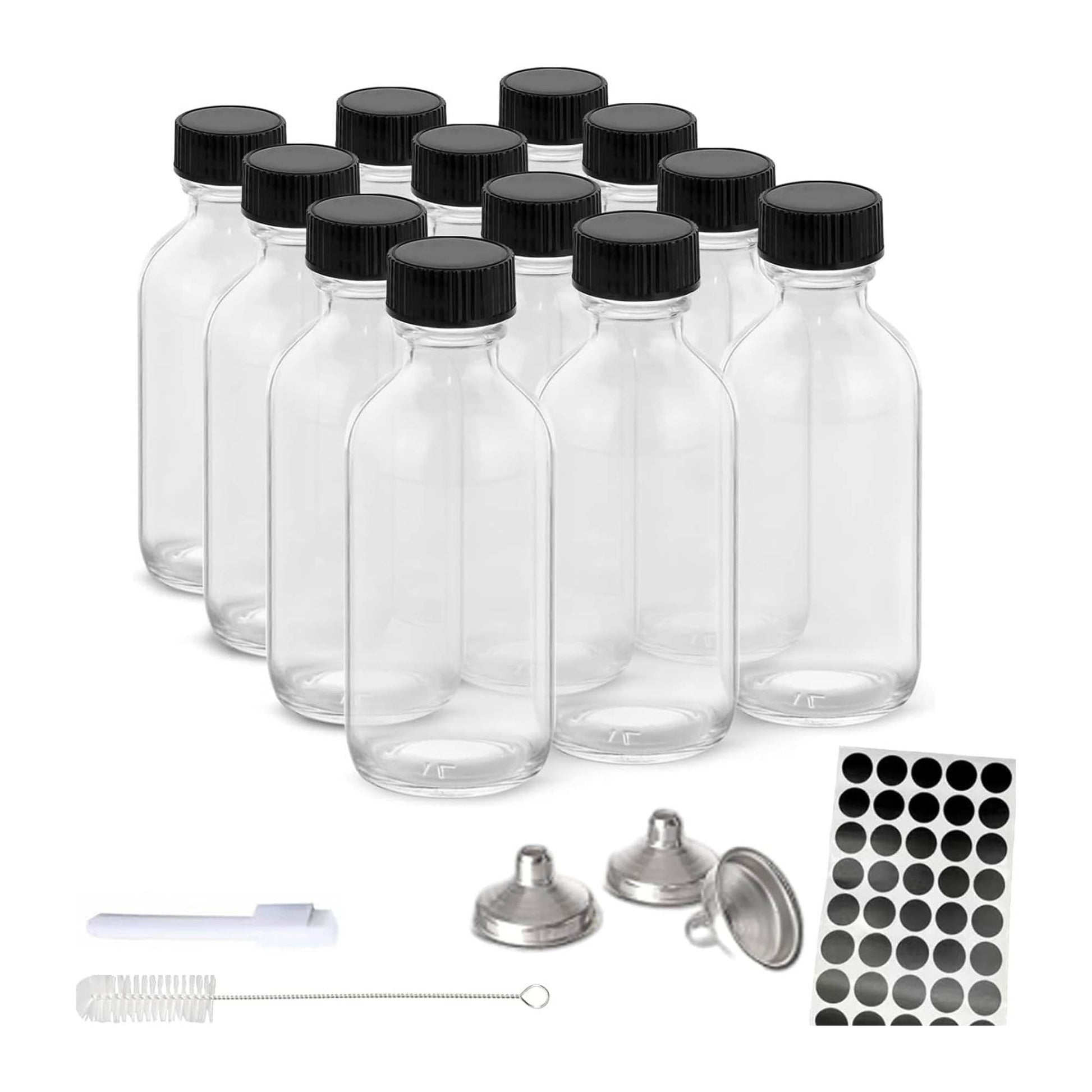 Kitchee 12x 60ml Small Glass Bottles + Lids Funnels Brush Labels Pen-0