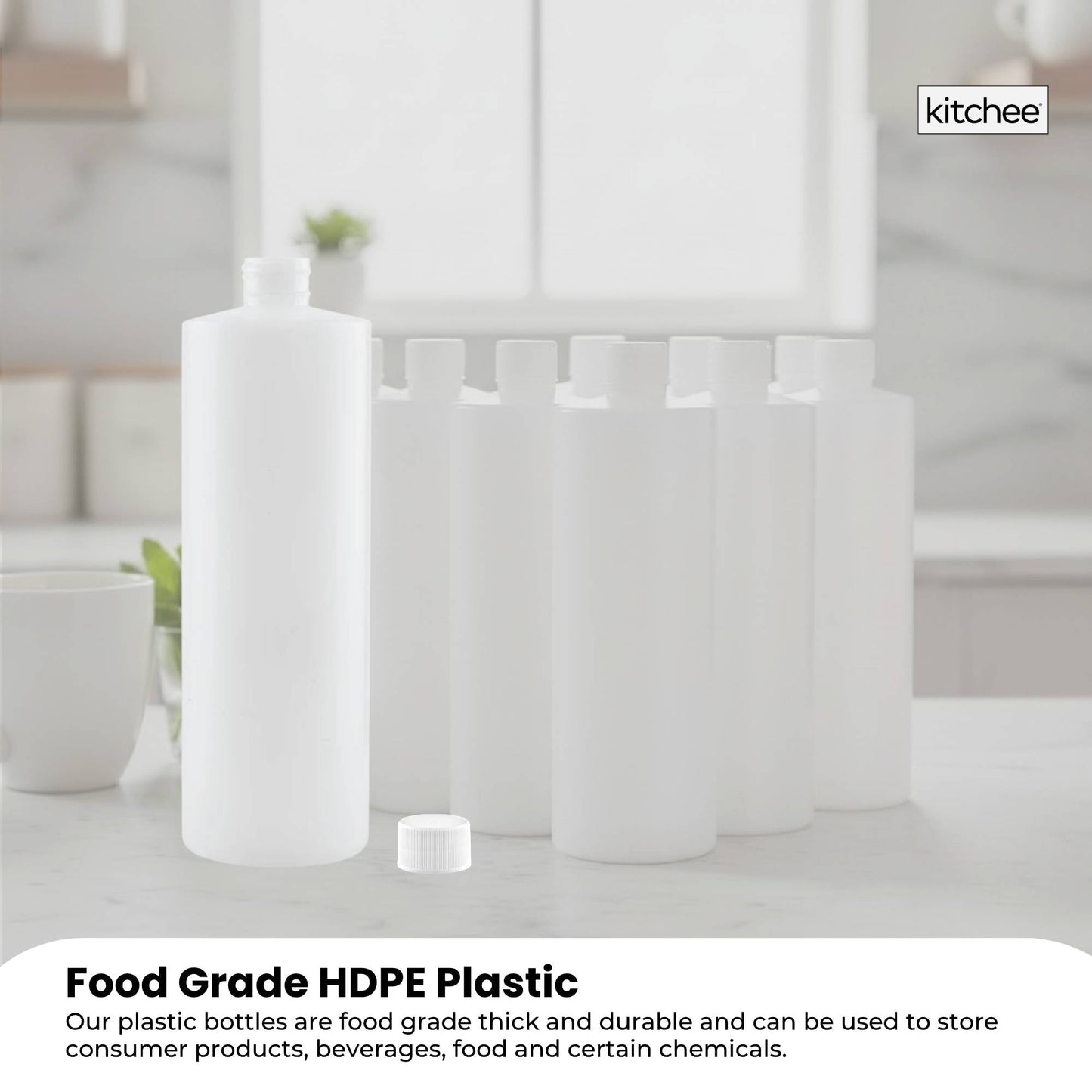 Kitchee 10x 500ml Natural HDPE Round Bottle + 28/410 Caps - Empty Plastic Food Storage-4