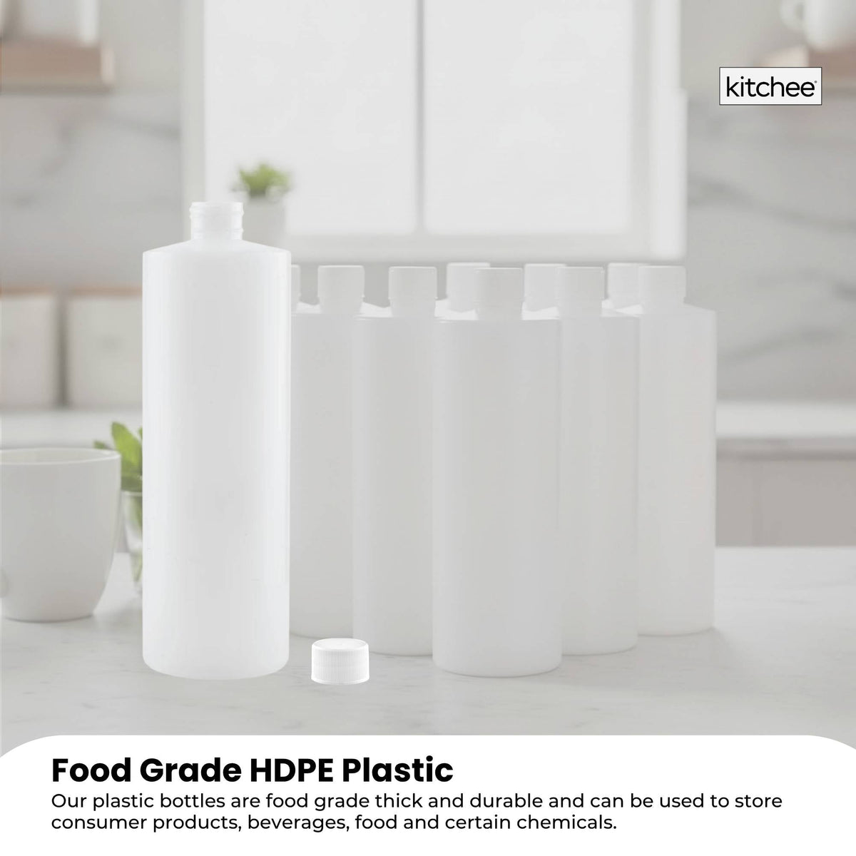 Kitchee 10x 500ml Natural HDPE Round Bottle + 28/410 Caps - Empty Plastic Food Storage-4