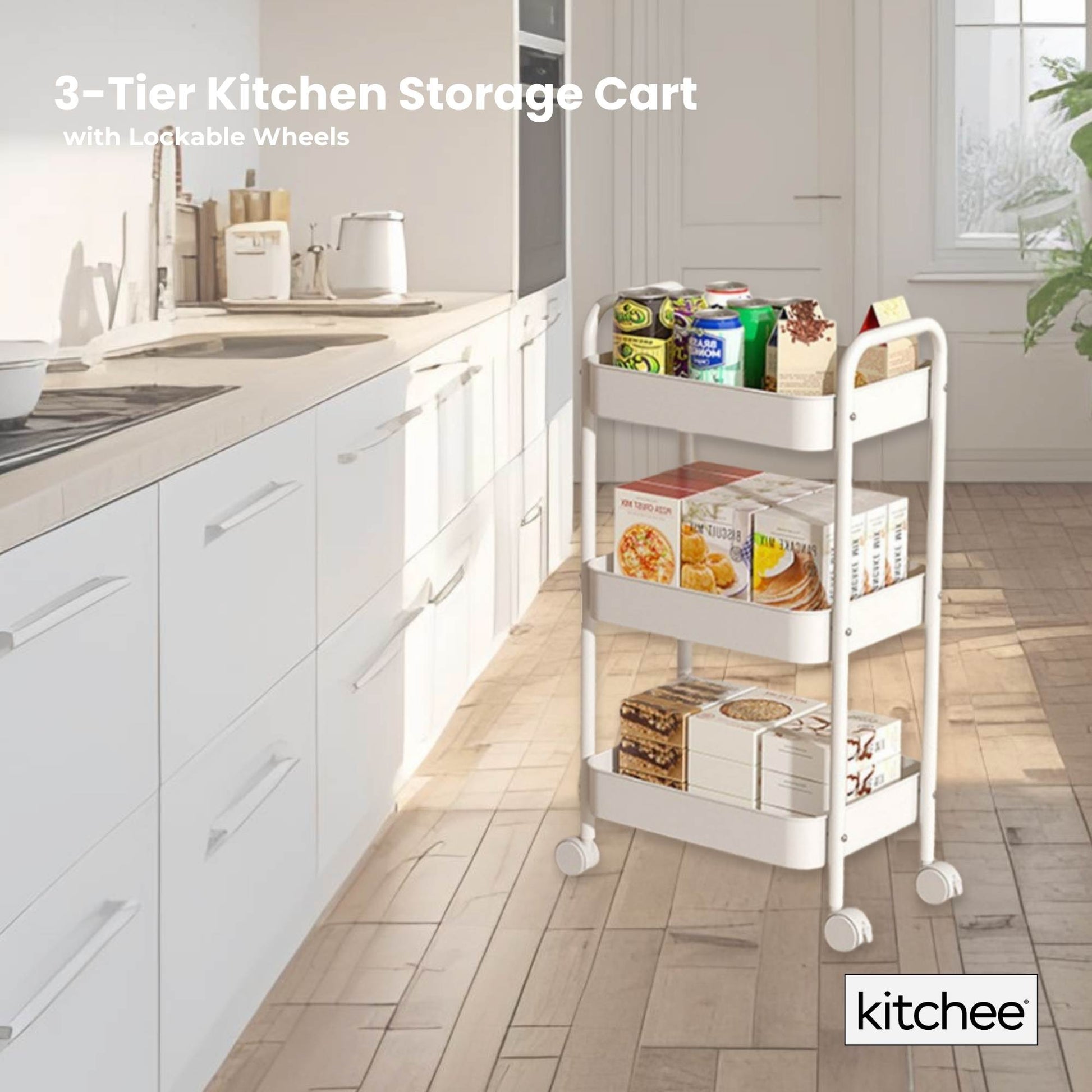 Kitchee 3-Tier Kitchen Storage Cart Trolley with Wheels - Shelf Organiser WHITE-1
