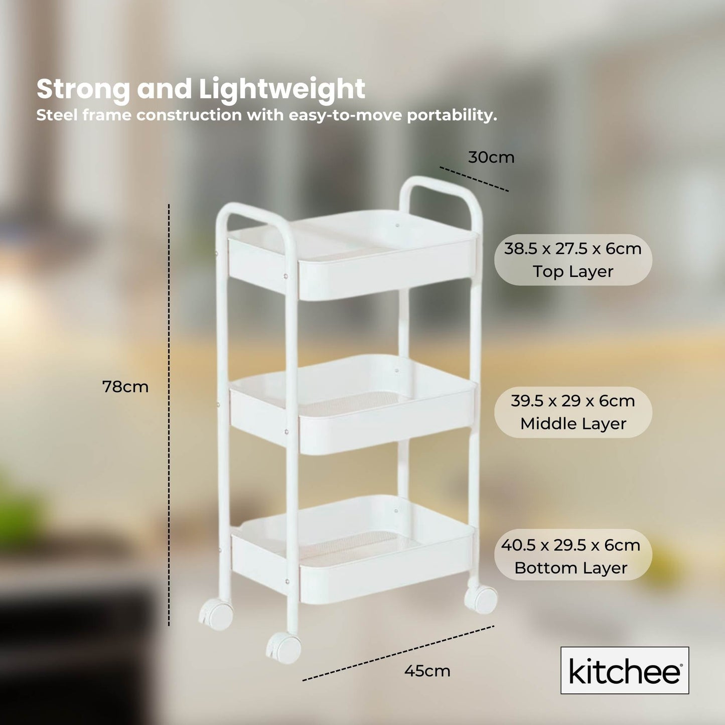 Kitchee 3-Tier Kitchen Storage Cart Trolley with Wheels - Shelf Organiser WHITE-2