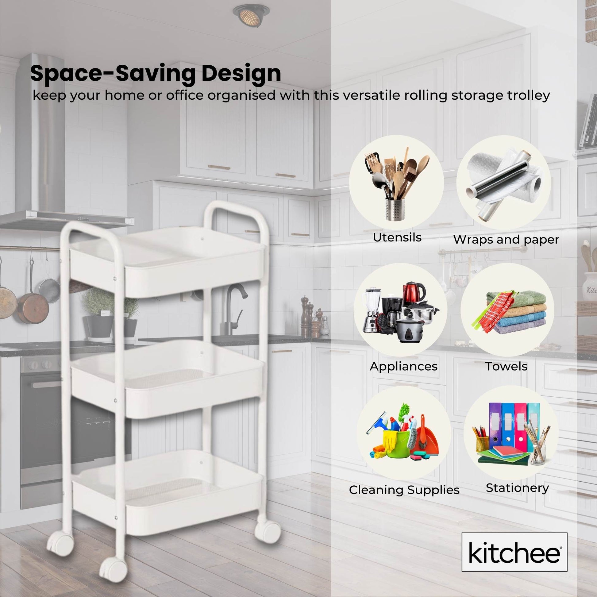 Kitchee 3-Tier Kitchen Storage Cart Trolley with Wheels - Shelf Organiser WHITE-3