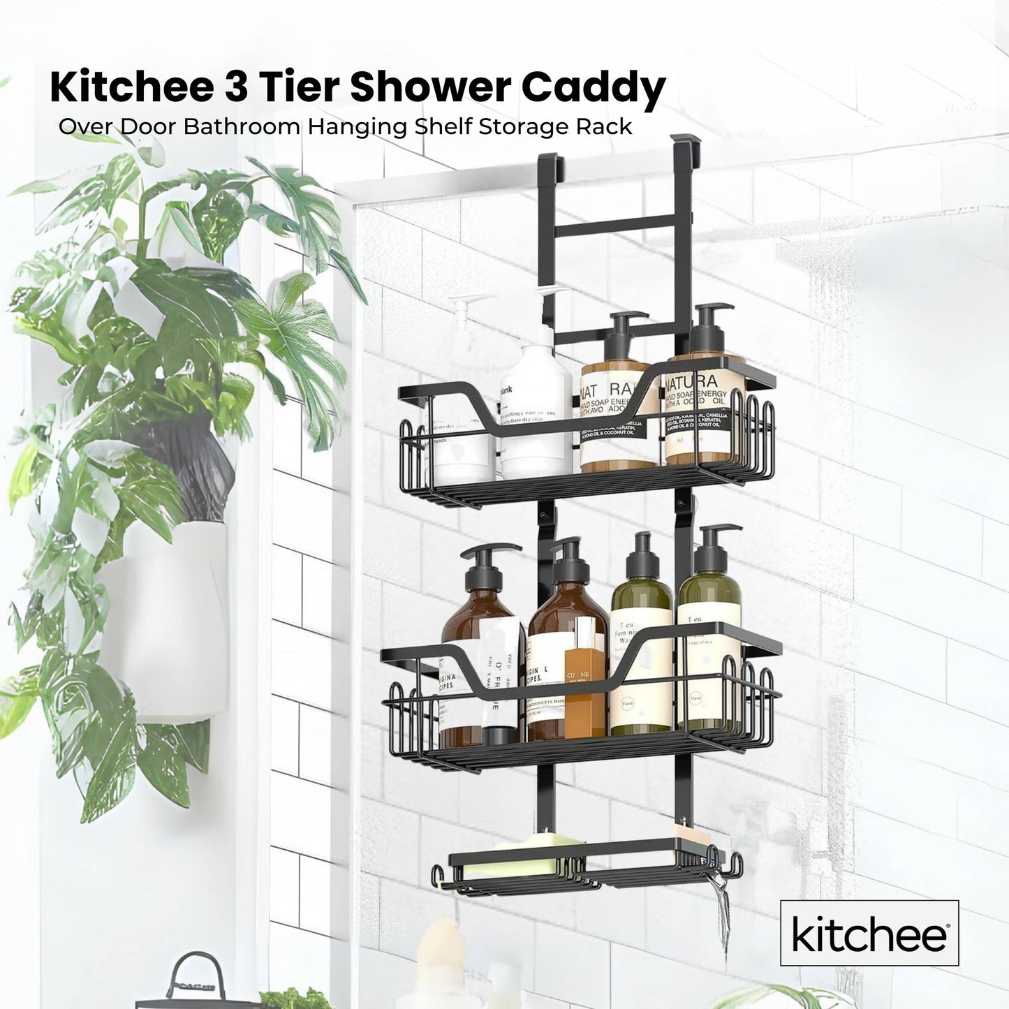 Kitchee 3 Tier Shower Caddy Over Door Bathroom Hanging Shelf Storage Rack Black-1