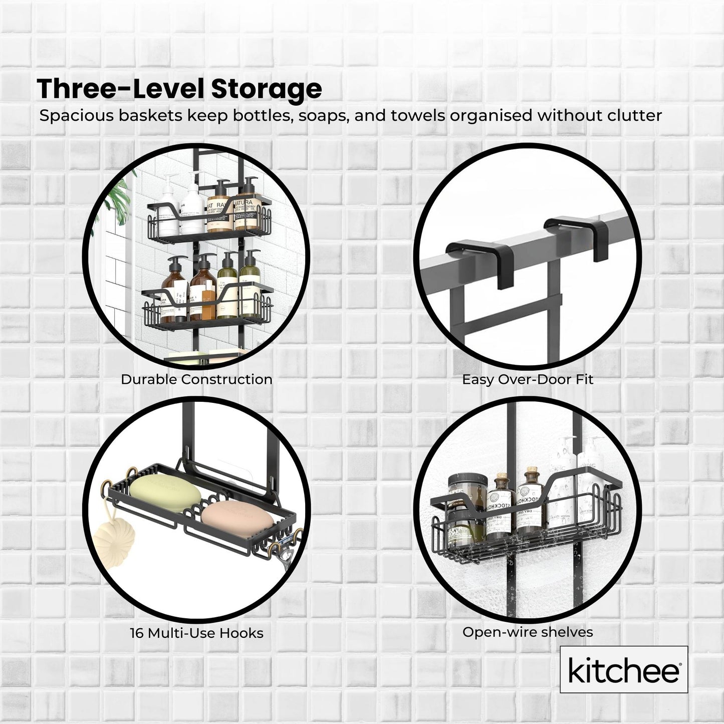 Kitchee 3 Tier Shower Caddy Over Door Bathroom Hanging Shelf Storage Rack Black-2