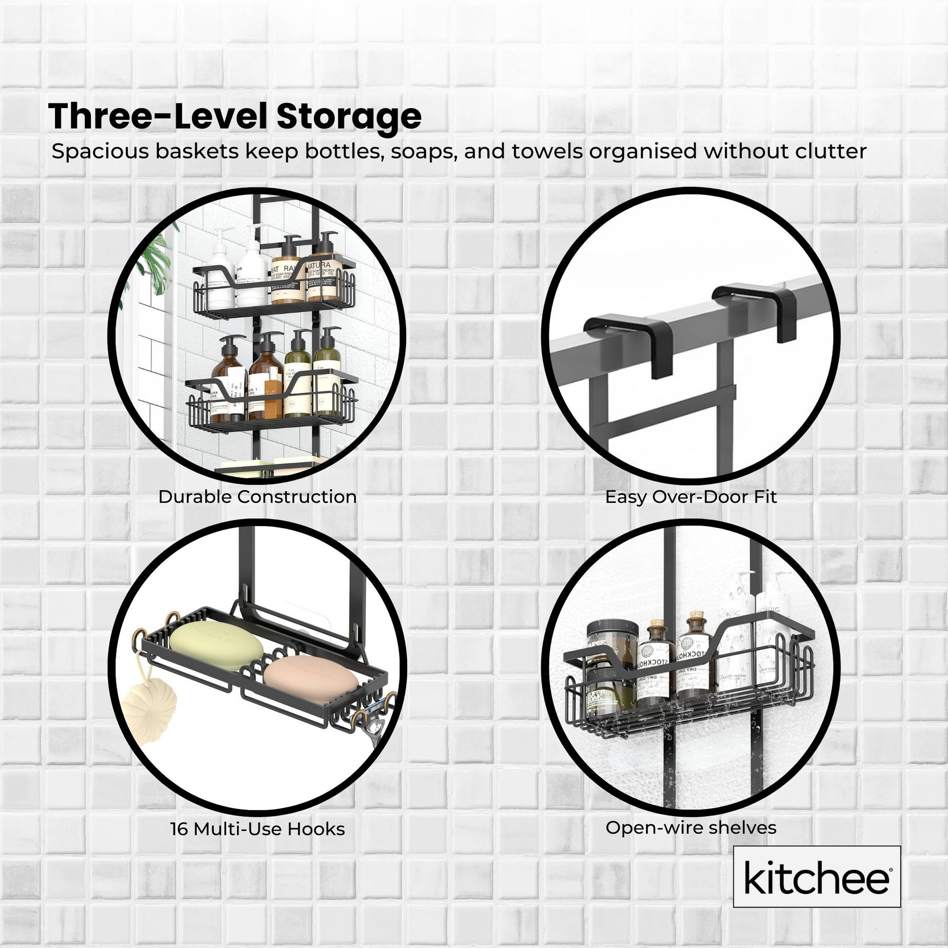 Kitchee 3 Tier Shower Caddy Over Door Bathroom Hanging Shelf Storage Rack Black-2