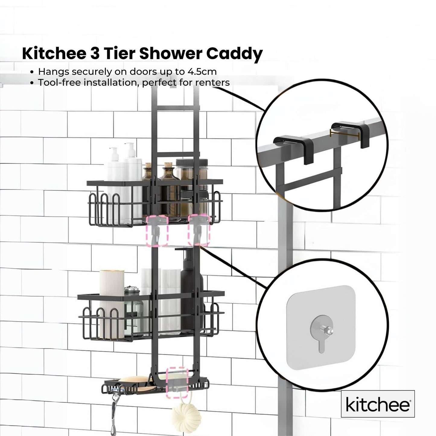 Kitchee 3 Tier Shower Caddy Over Door Bathroom Hanging Shelf Storage Rack Black-3