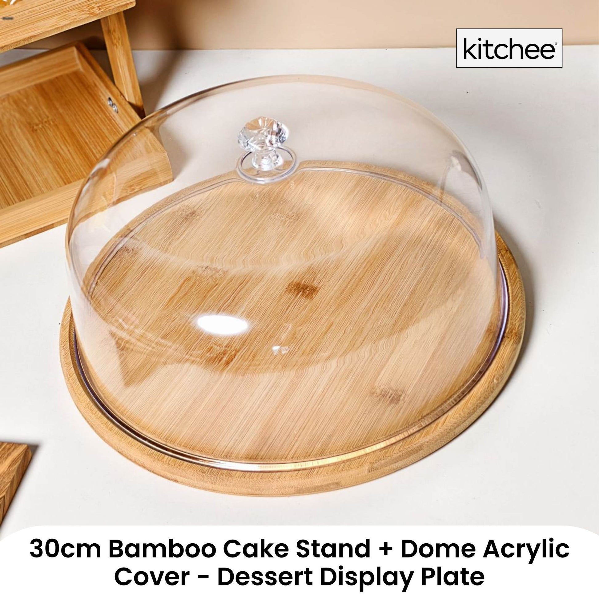 Kitchee 30cm Bamboo Cake Stand + Dome Acrylic Cover - Dessert Display Plate-1