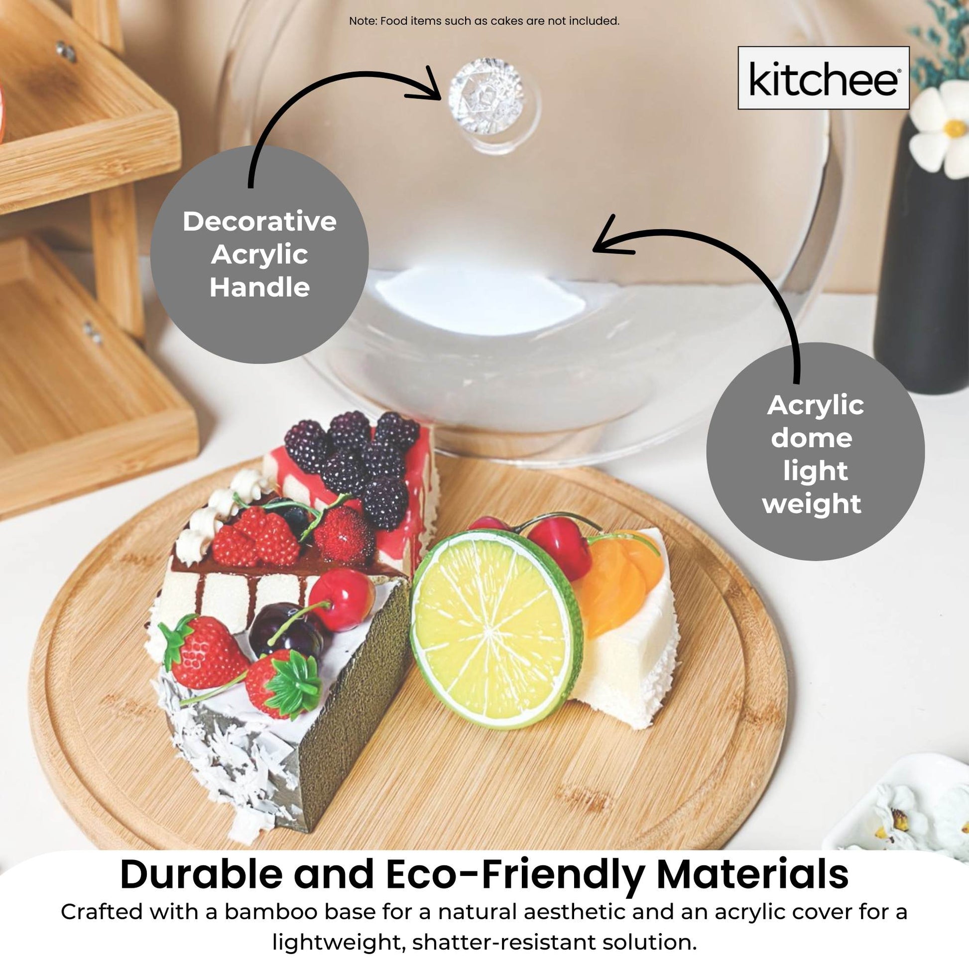 Kitchee 30cm Bamboo Cake Stand + Dome Acrylic Cover - Dessert Display Plate-2