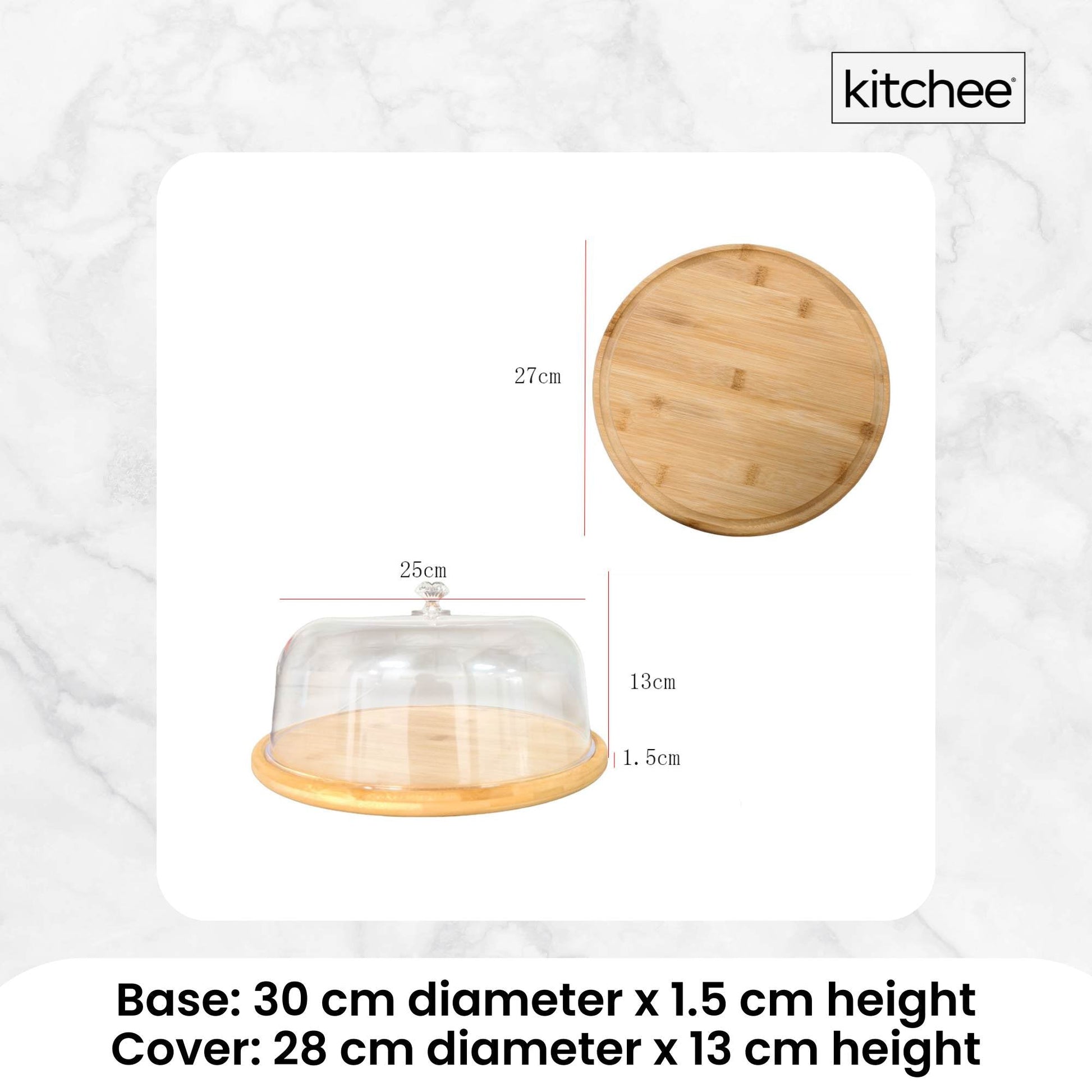 Kitchee 30cm Bamboo Cake Stand + Dome Acrylic Cover - Dessert Display Plate-3