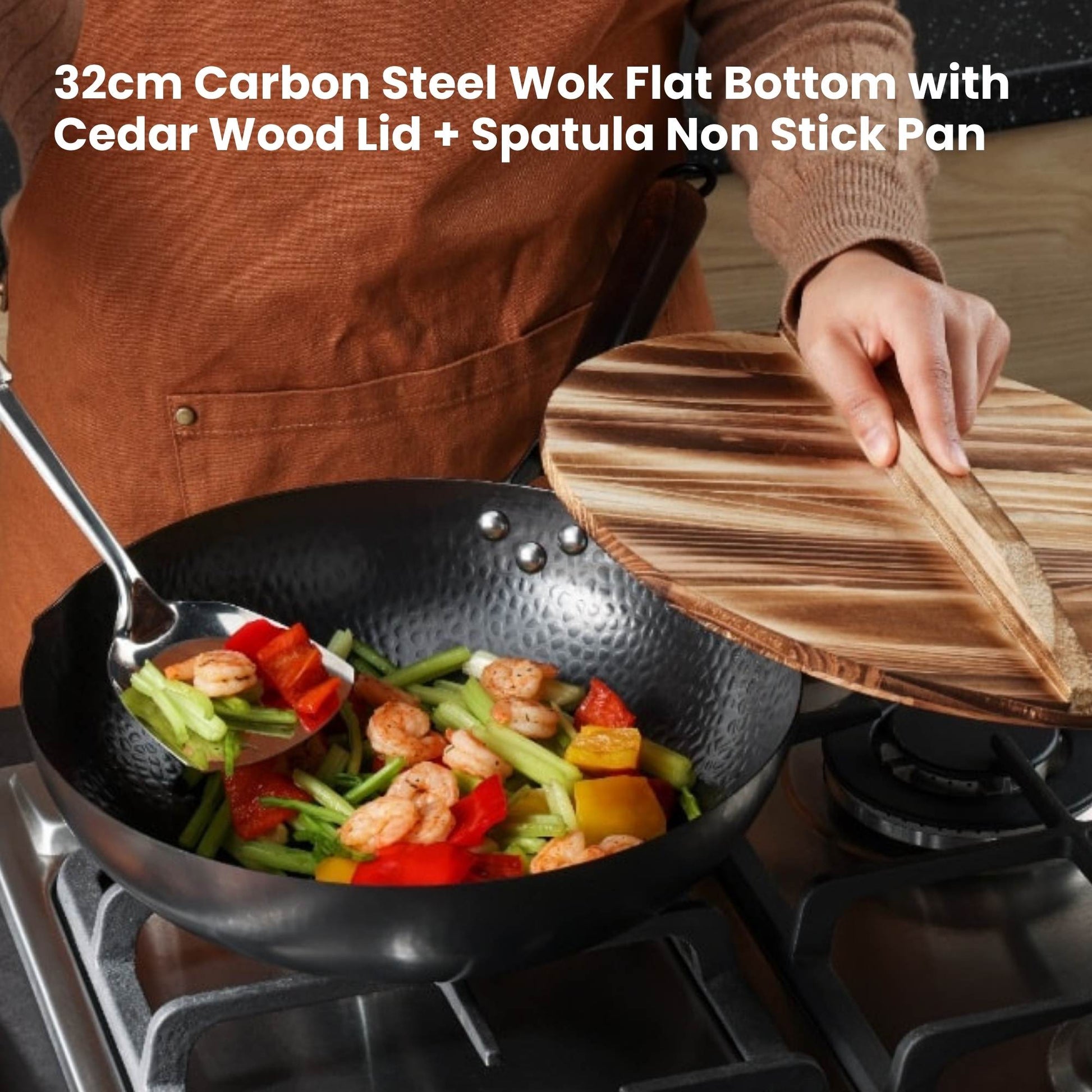 Kitchee 32cm Carbon Steel Wok Set Flat Bottom with Wood Lid + Spatula - Induction Ready-1