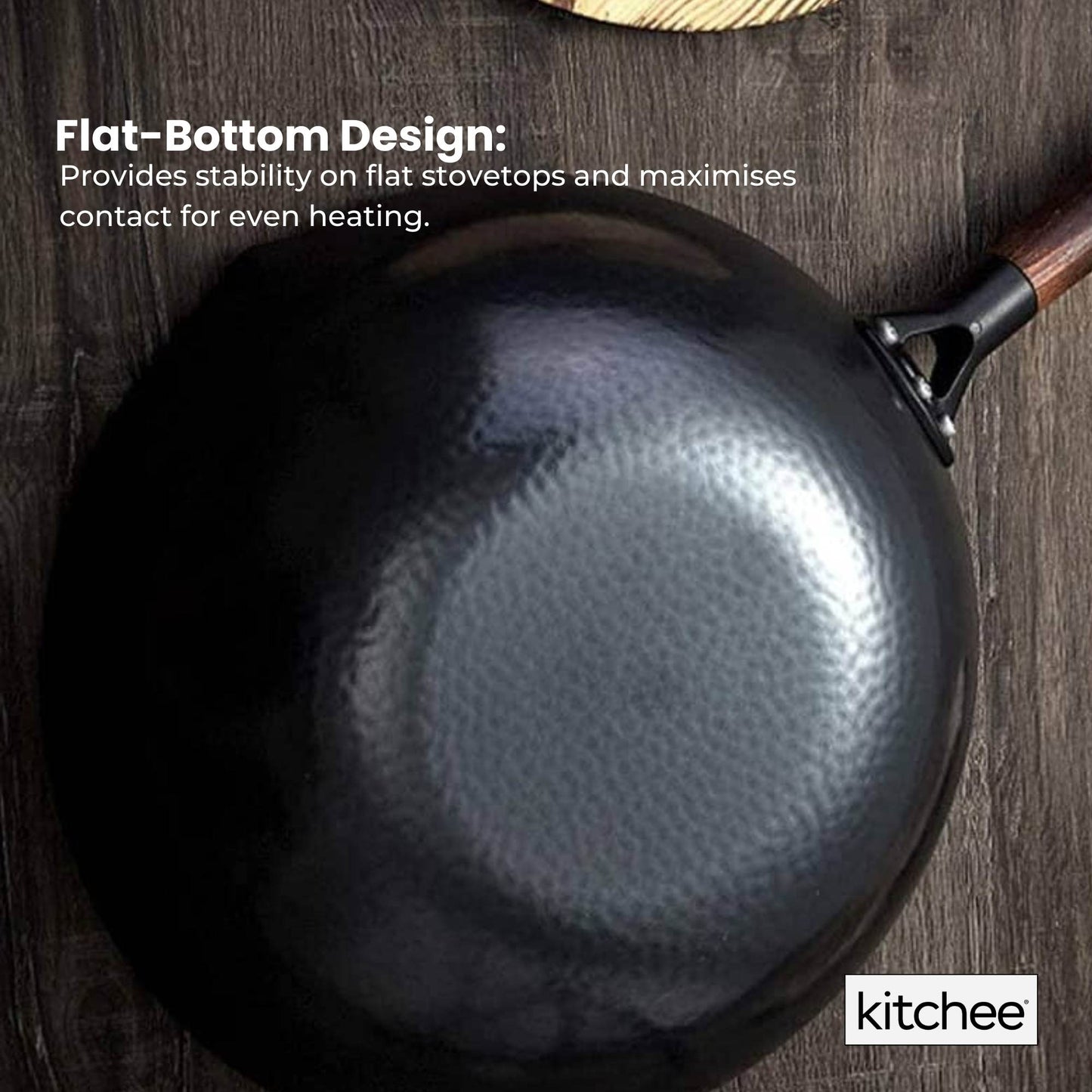Kitchee 32cm Carbon Steel Wok Set Flat Bottom with Wood Lid + Spatula - Induction Ready-2