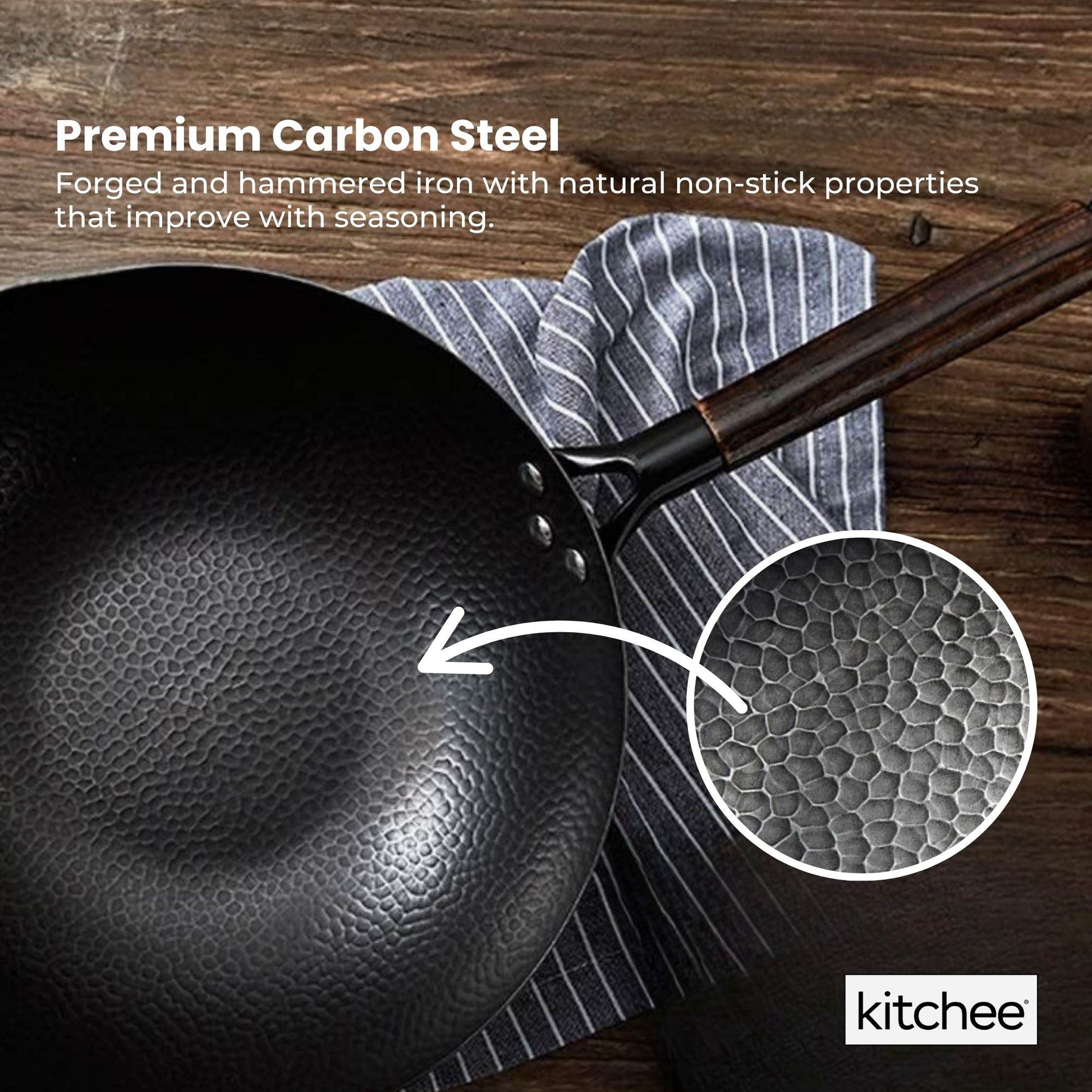 Kitchee 32cm Carbon Steel Wok Set Flat Bottom with Wood Lid + Spatula - Induction Ready-3