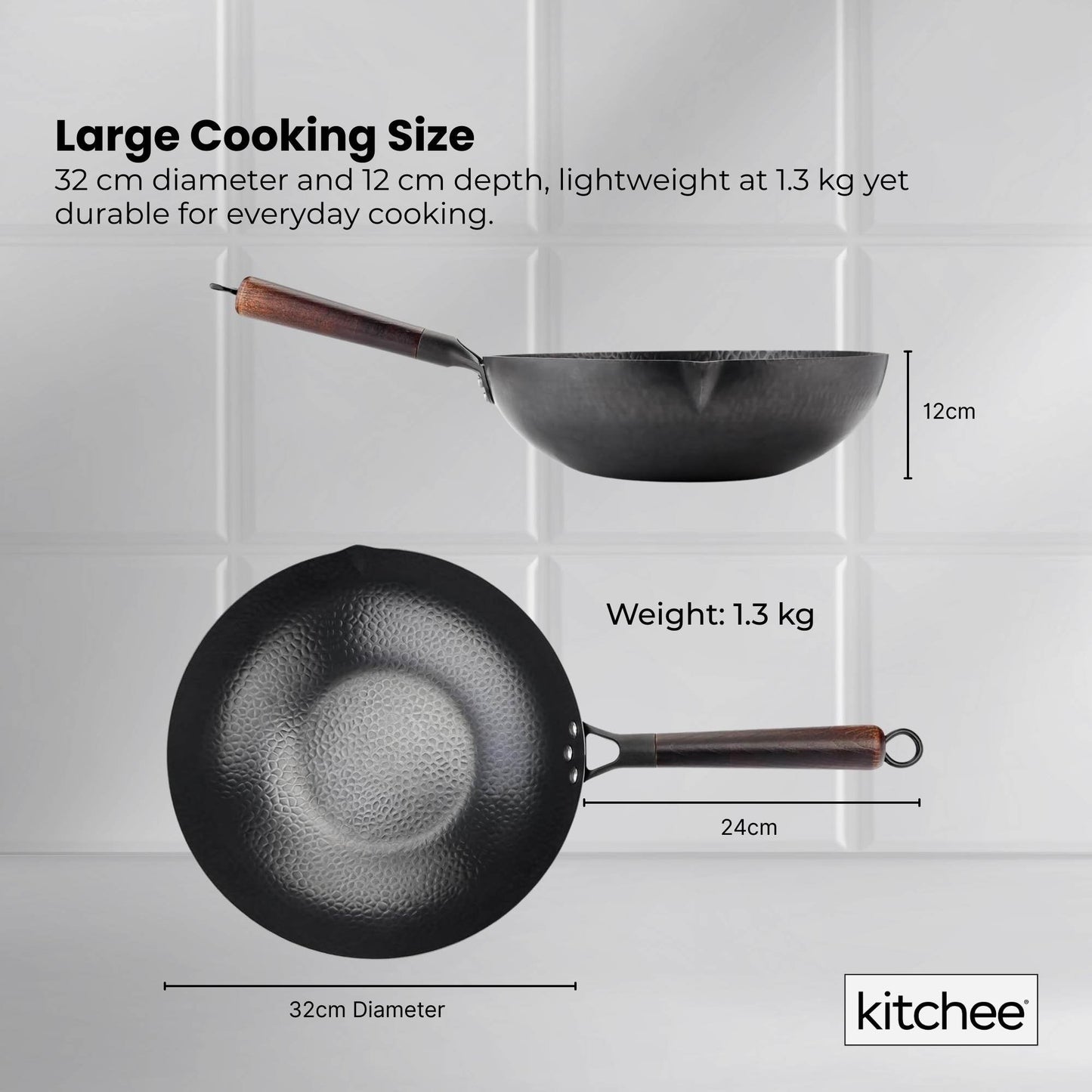 Kitchee 32cm Carbon Steel Wok Set Flat Bottom with Wood Lid + Spatula - Induction Ready-4