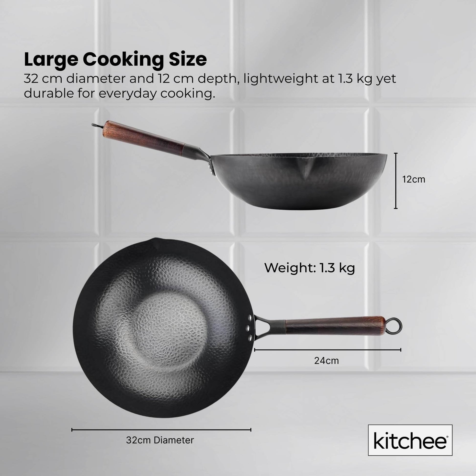 Kitchee 32cm Carbon Steel Wok Set Flat Bottom with Wood Lid + Spatula - Induction Ready-4