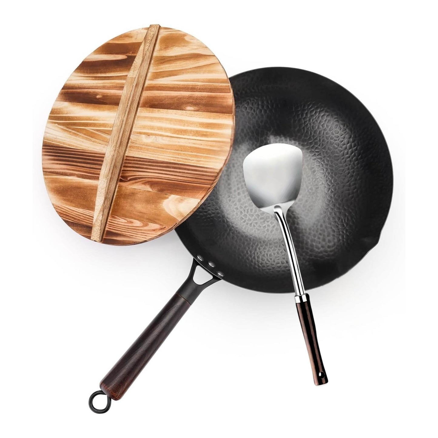 Kitchee 32cm Carbon Steel Wok Set Flat Bottom with Wood Lid + Spatula - Induction Ready-0