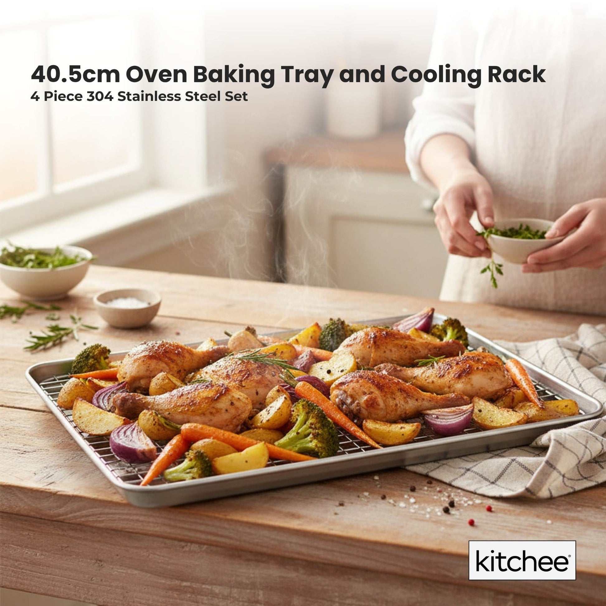 Kitchee 40.5x30.5cm Oven Baking Tray + Cooling Rack 4 Piece Stainless Steel-1