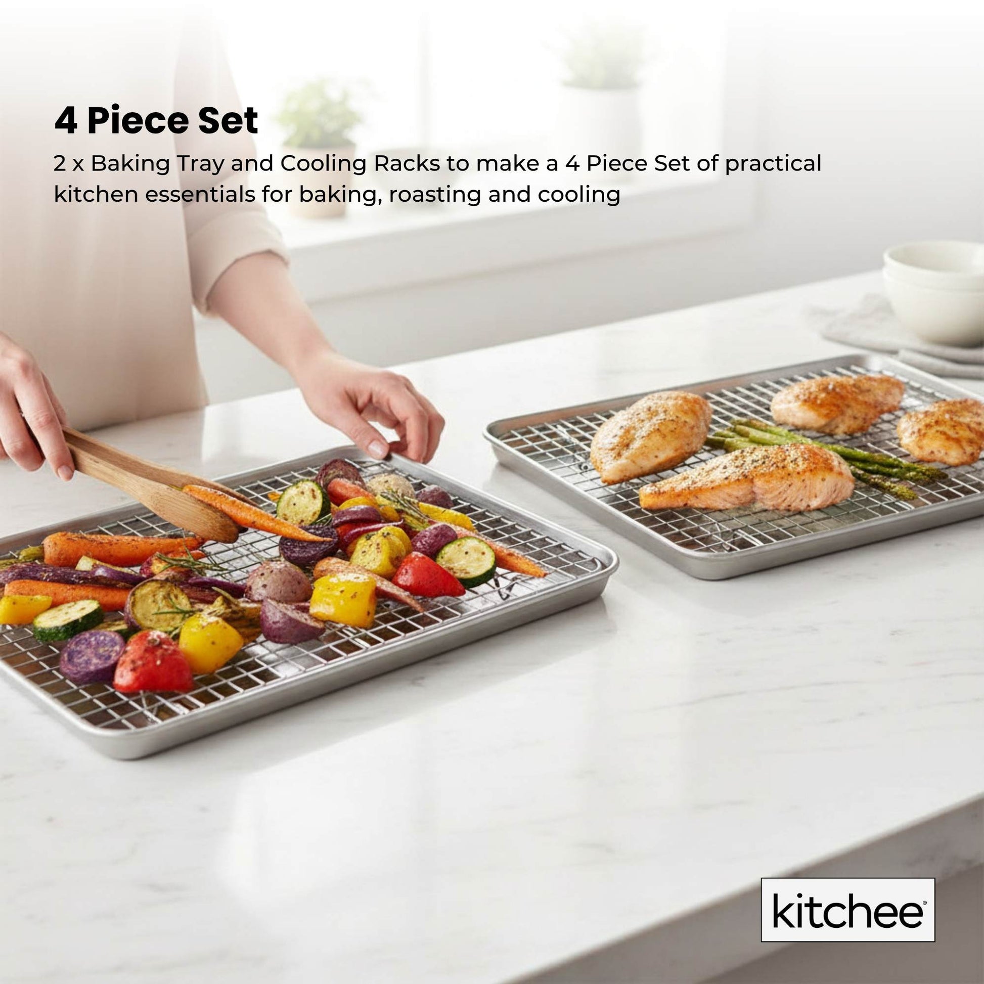 Kitchee 40.5x30.5cm Oven Baking Tray + Cooling Rack 4 Piece Stainless Steel-2