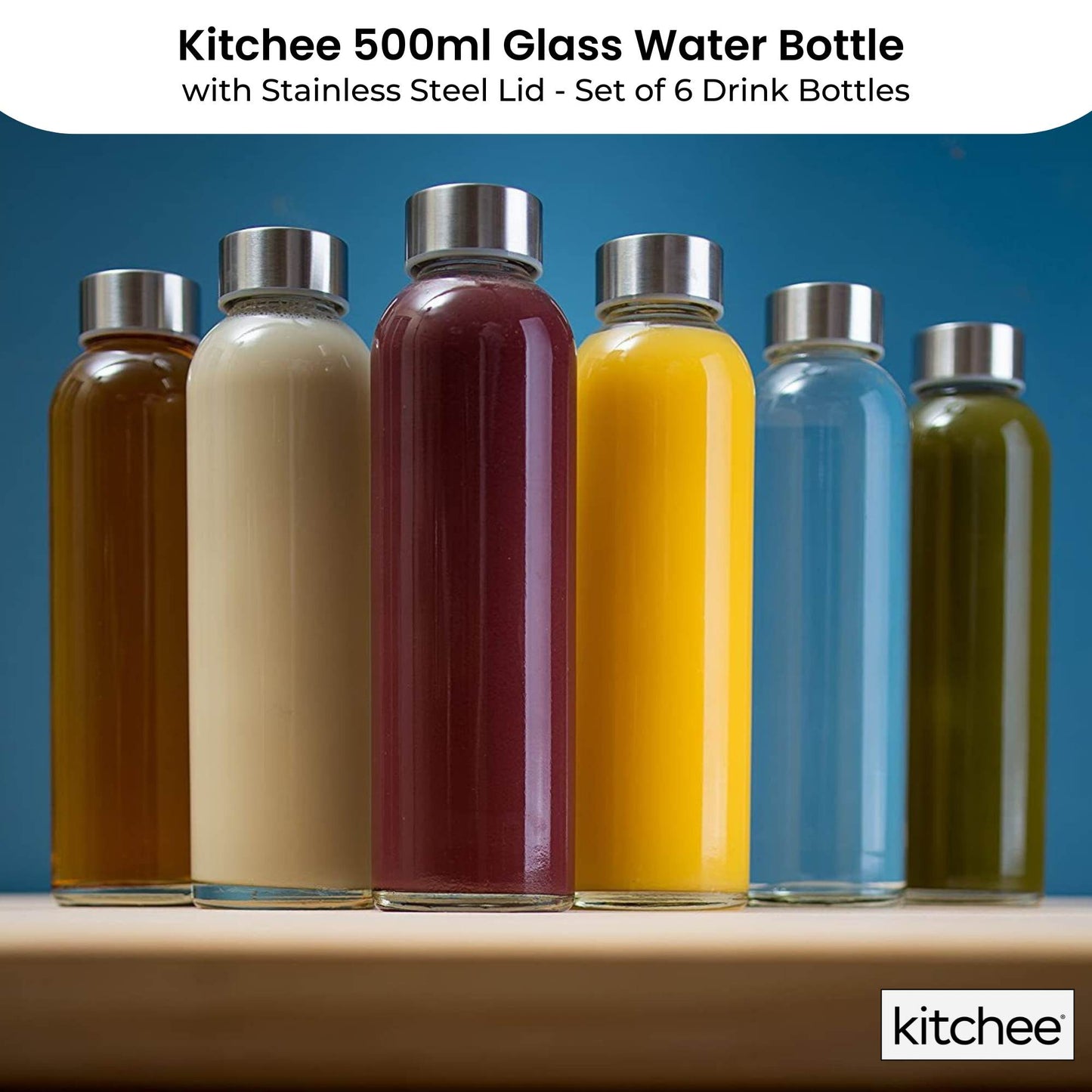Kitchee 500ml Glass Water Bottle with Stainless Steel Lid - Set of 6 Drink Bottles-1