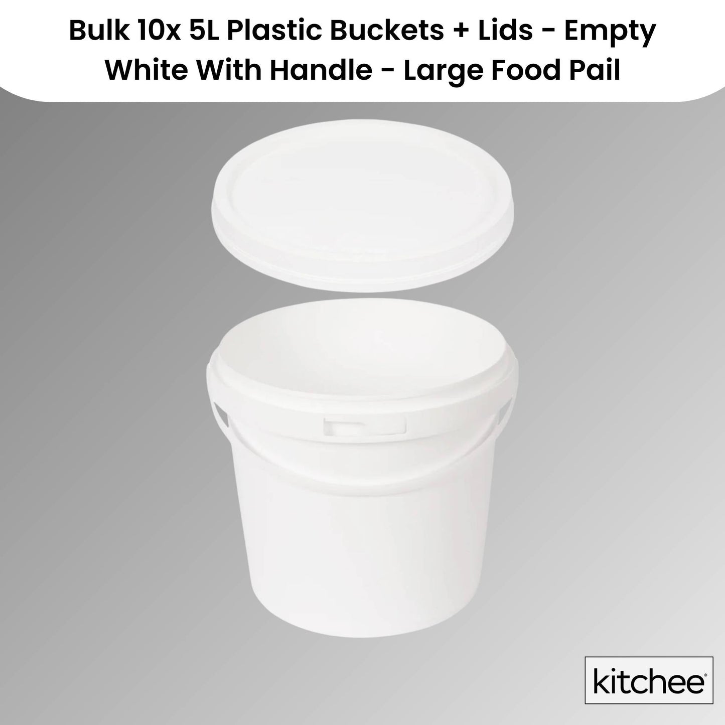 Kitchee Bulk 10x 5L Plastic Buckets + Lids - Empty White With Handle Large Pail-1