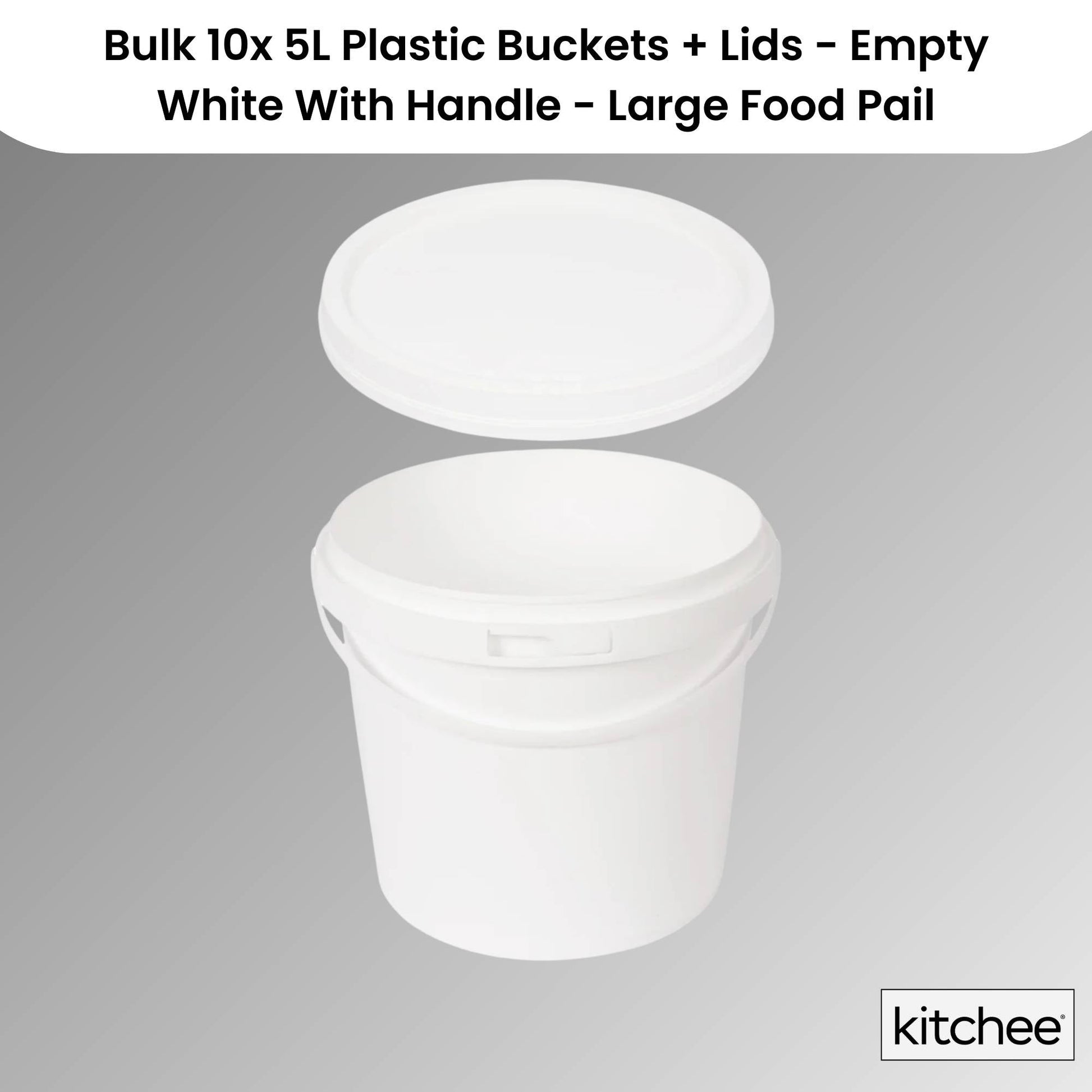 Kitchee Bulk 10x 5L Plastic Buckets + Lids - Empty White With Handle Large Pail-1