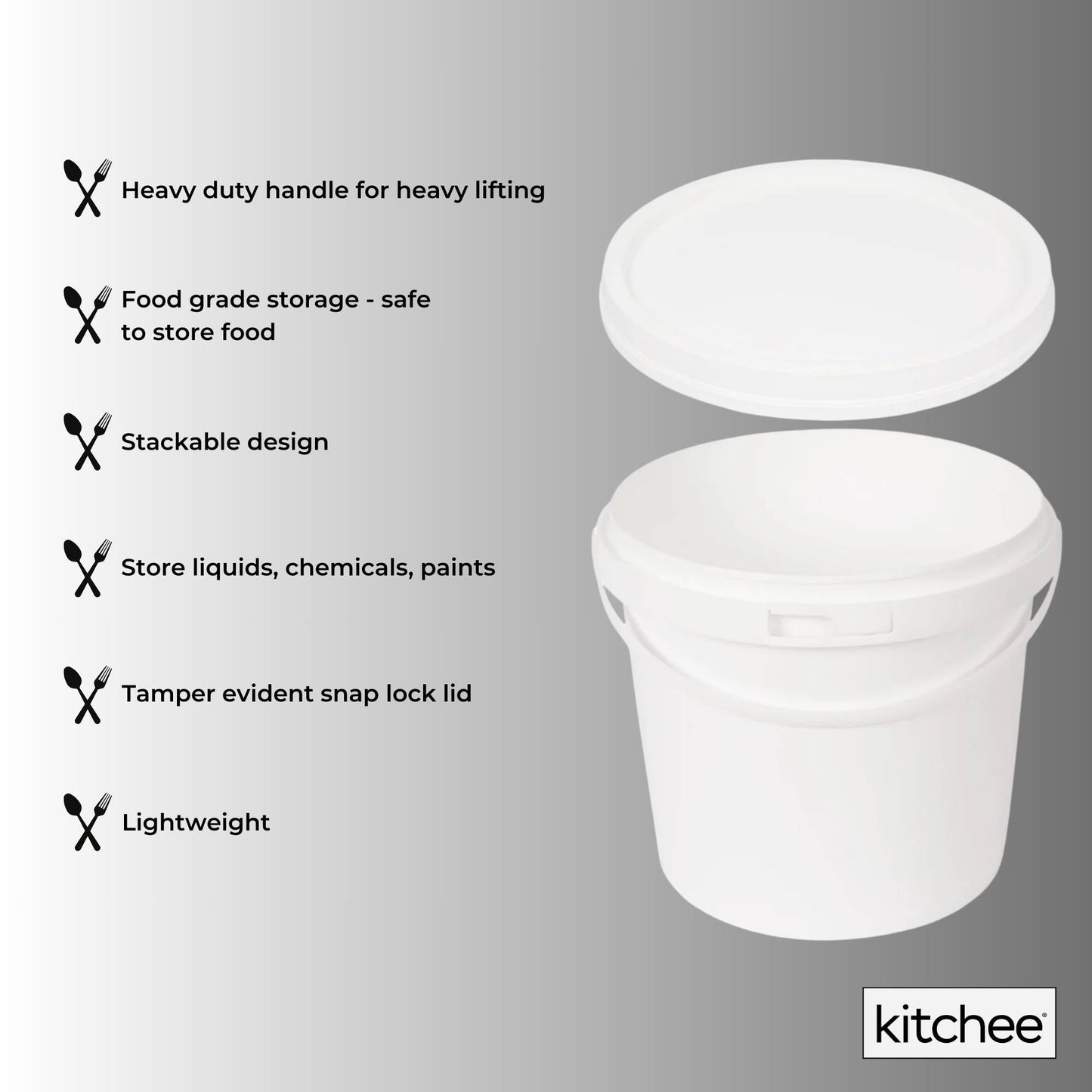 Kitchee Bulk 10x 5L Plastic Buckets + Lids - Empty White With Handle Large Pail-3