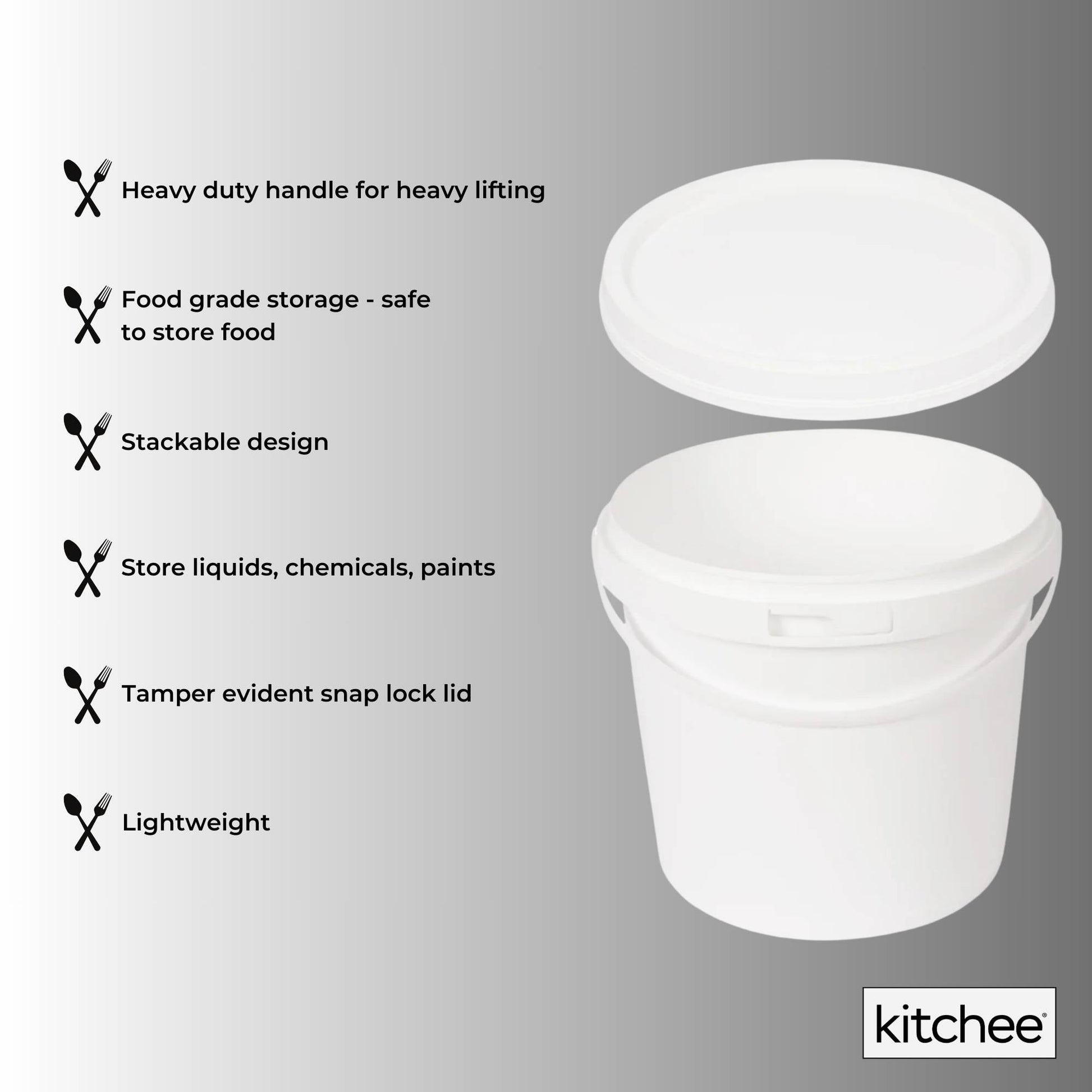 Kitchee Bulk 10x 5L Plastic Buckets + Lids - Empty White With Handle Large Pail-3