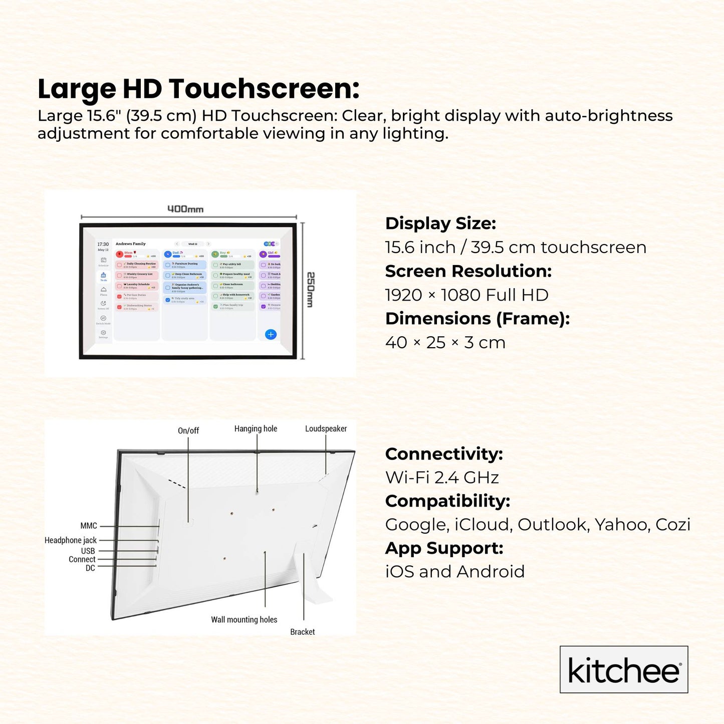 Kitchee Digital Calendar Smart Family Planner - 39.5cm Touchscreen Display Black-3