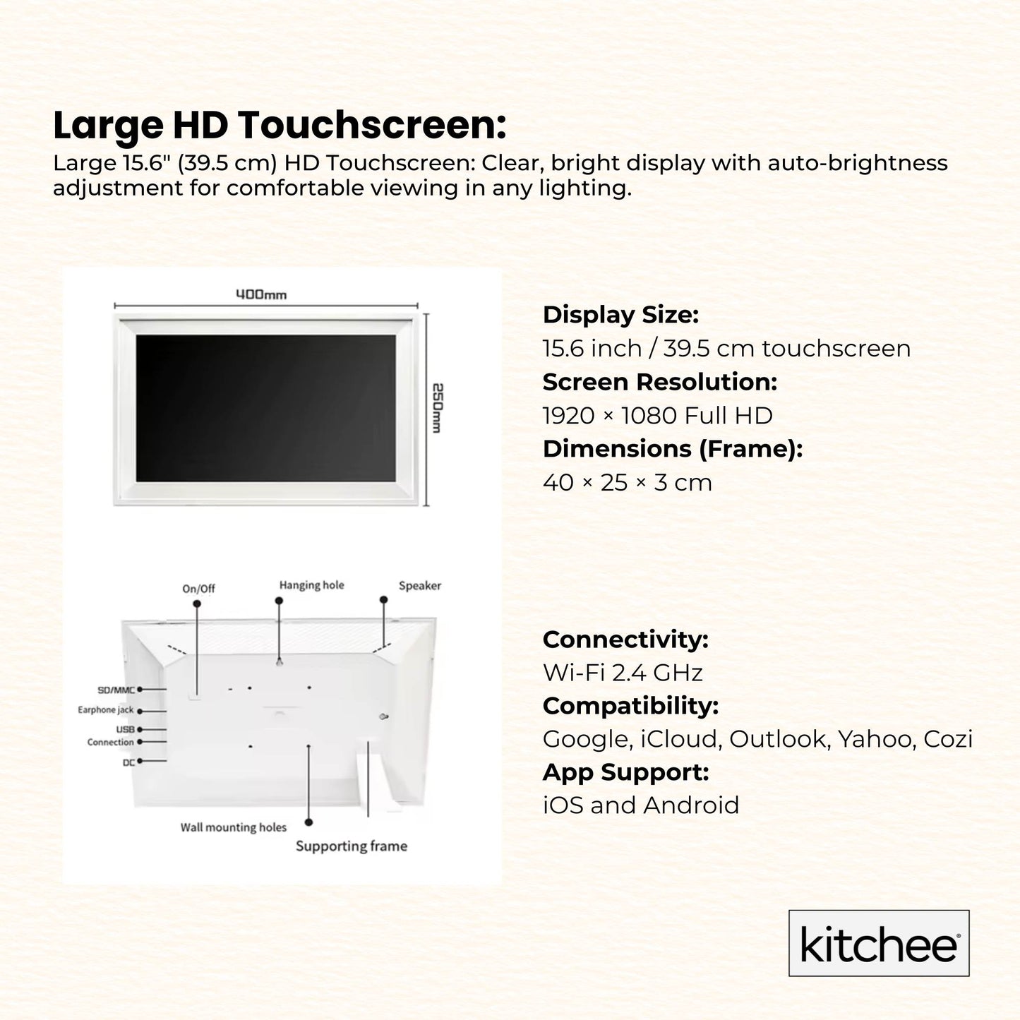Kitchee Digital Calendar Smart Family Planner - 39.5cm Touchscreen Display White-3