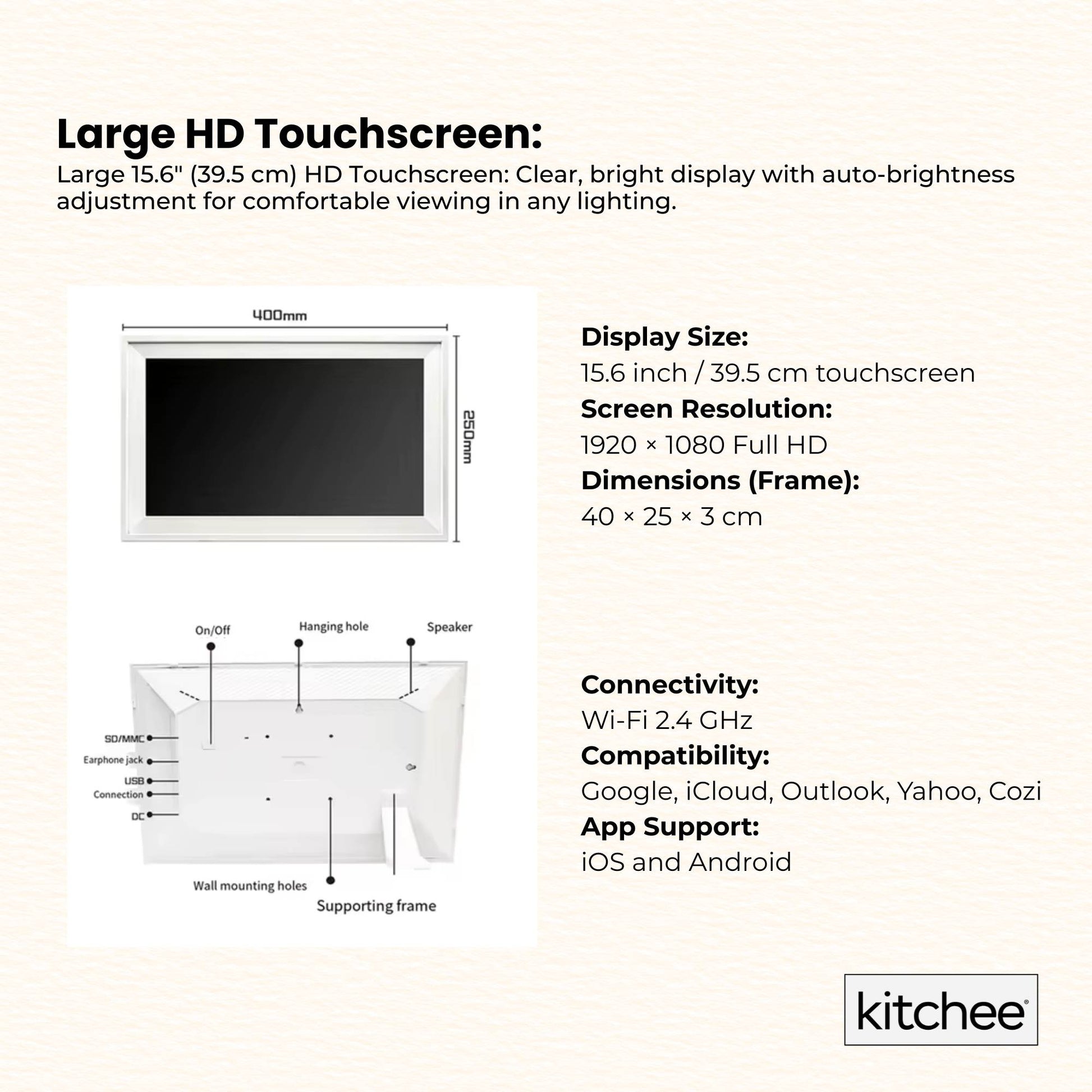 Kitchee Digital Calendar Smart Family Planner - 39.5cm Touchscreen Display White-3