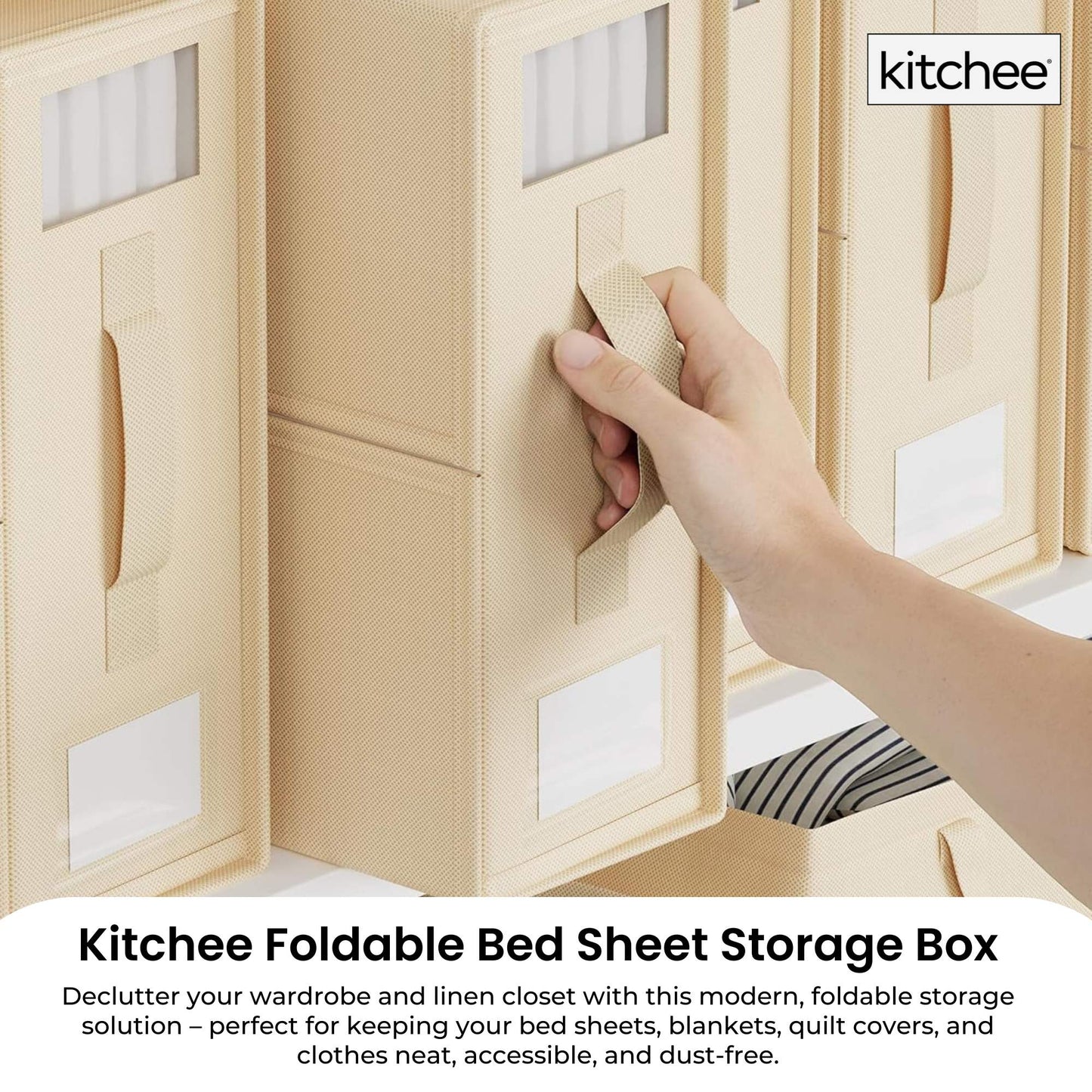 Kitchee Foldable Bed Sheet Storage Boxes – Linen Blanket & Closet Organiser Beige-1